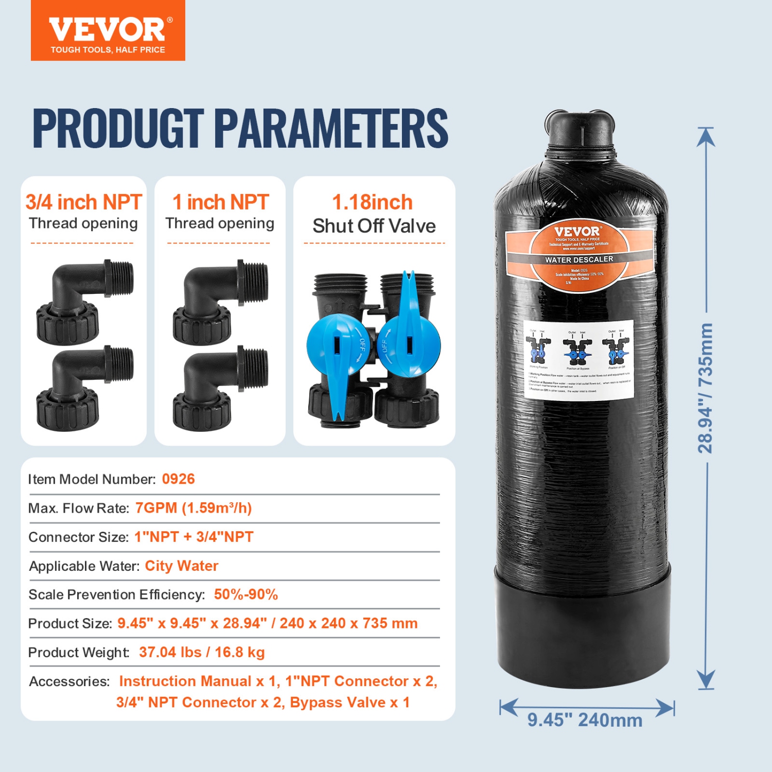 VEVOR 600,000 Gallon Whole House Salt Free Descaler, Water Filter for City Water, Whole House Water Descaler for All Kinds of Plumbing Pipes,1" NPT &