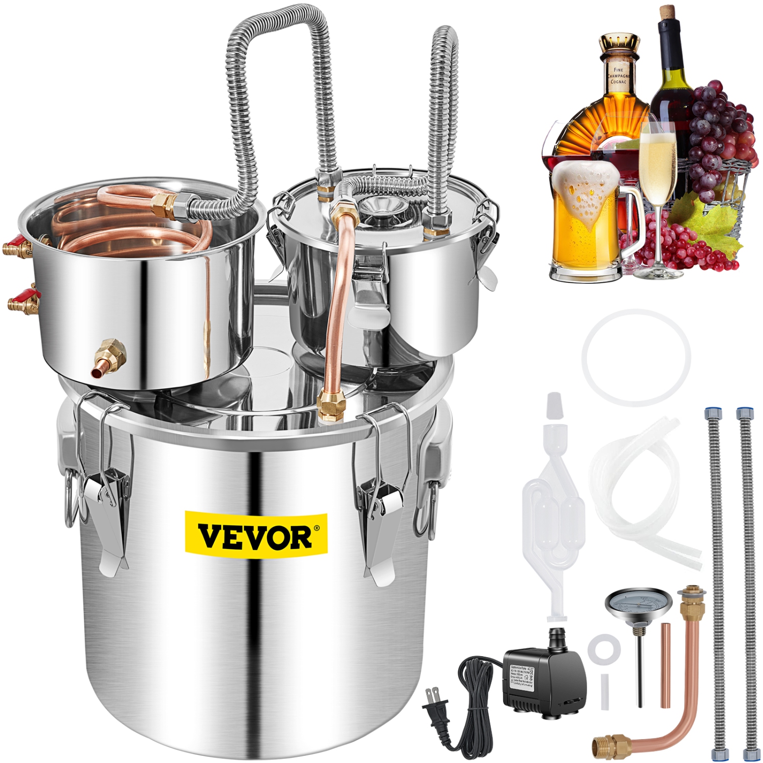 Distillateur d'eau VEVOR de 13,2 gal/50&nbsp;L, kit de distillerie en acier inoxydable avec thermomètre intégré en tube de cuivre, gril maison pour
