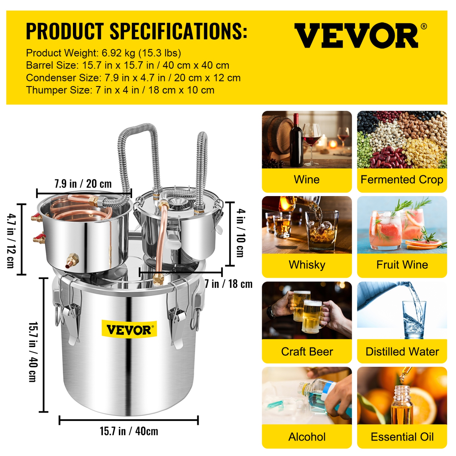 Distillateur d'eau VEVOR de 13,2 gal/50&nbsp;L, kit de distillerie en acier inoxydable avec thermomètre intégré en tube de cuivre, gril maison pour