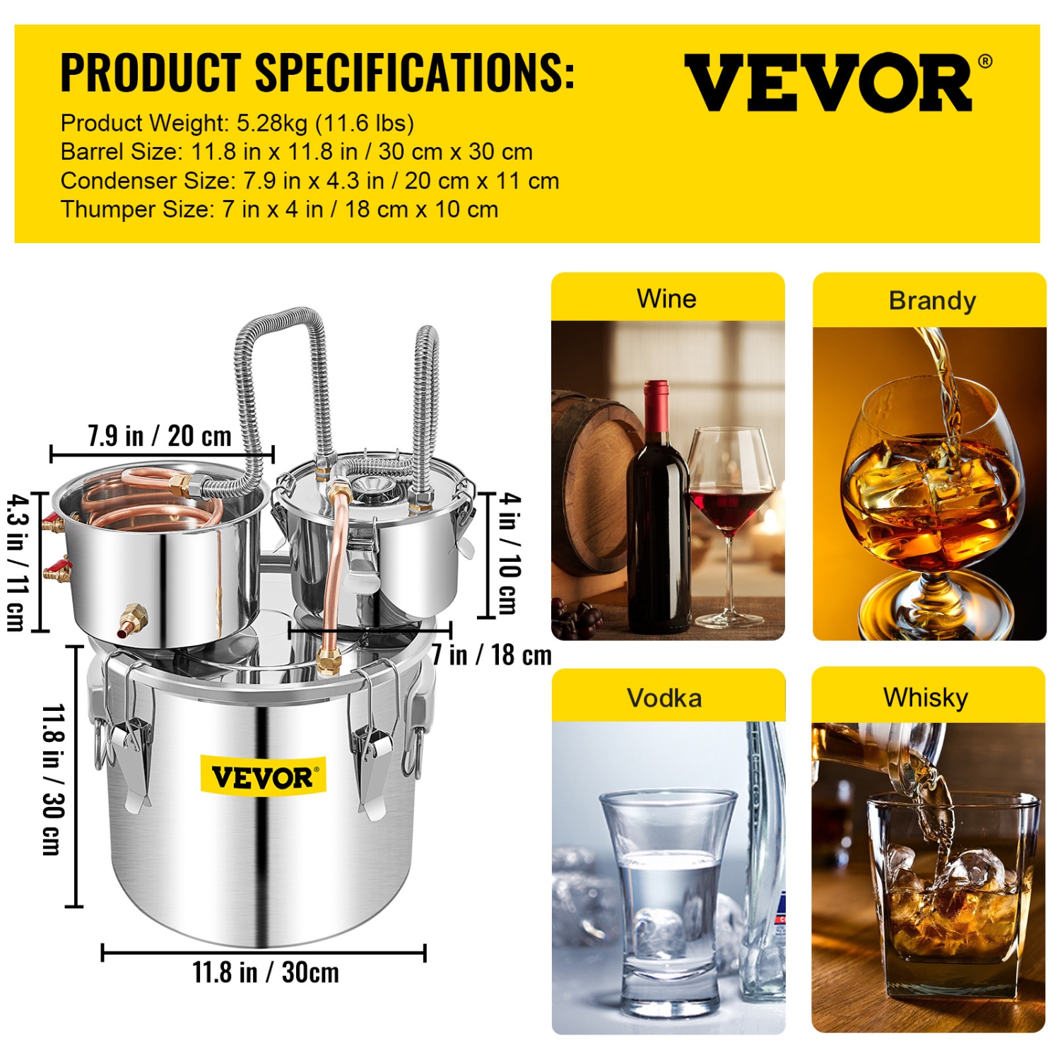 VEVOR 5 Gallon Alcohol Still, Stainless Steel Alcohol Distiller with Copper Tube & Build-in Thermometer & Water Pump,Double Thumper Keg Home Brewing