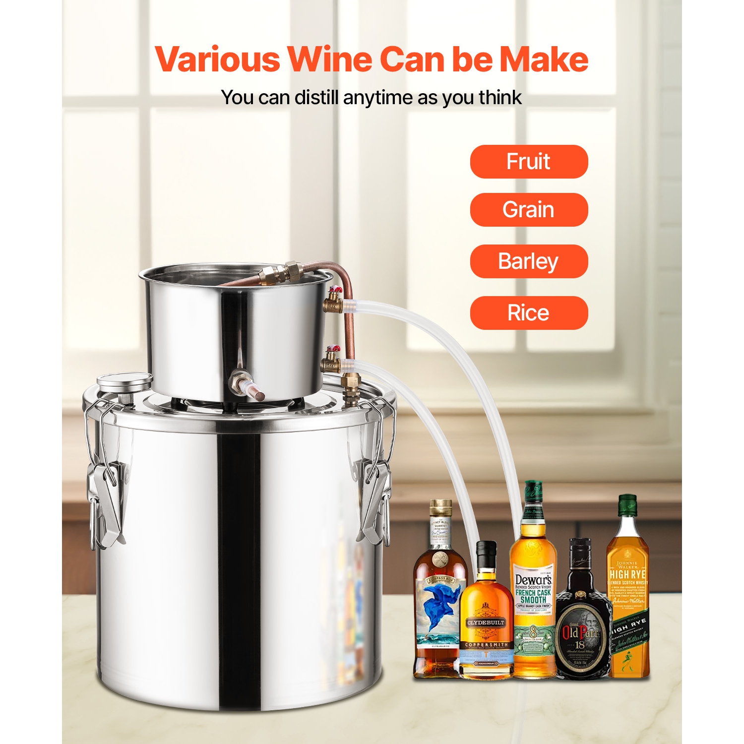 VEVOR 5 gal/19&nbsp;L Alcohol Still, distillateur d'alcool d'eau en acier inoxydable avec bobine en cuivre, kit de fermentation de brassage à