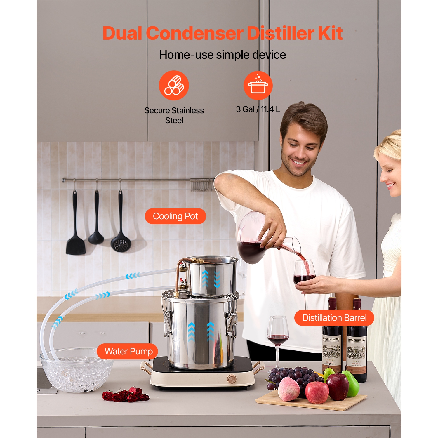 VEVOR 3 Gal / 11.4 L Alcohol Still, Stainless Steel Water Alcohol Distiller with Copper Coil, Home Brewing Refining Fermentation Kit with Thermometer