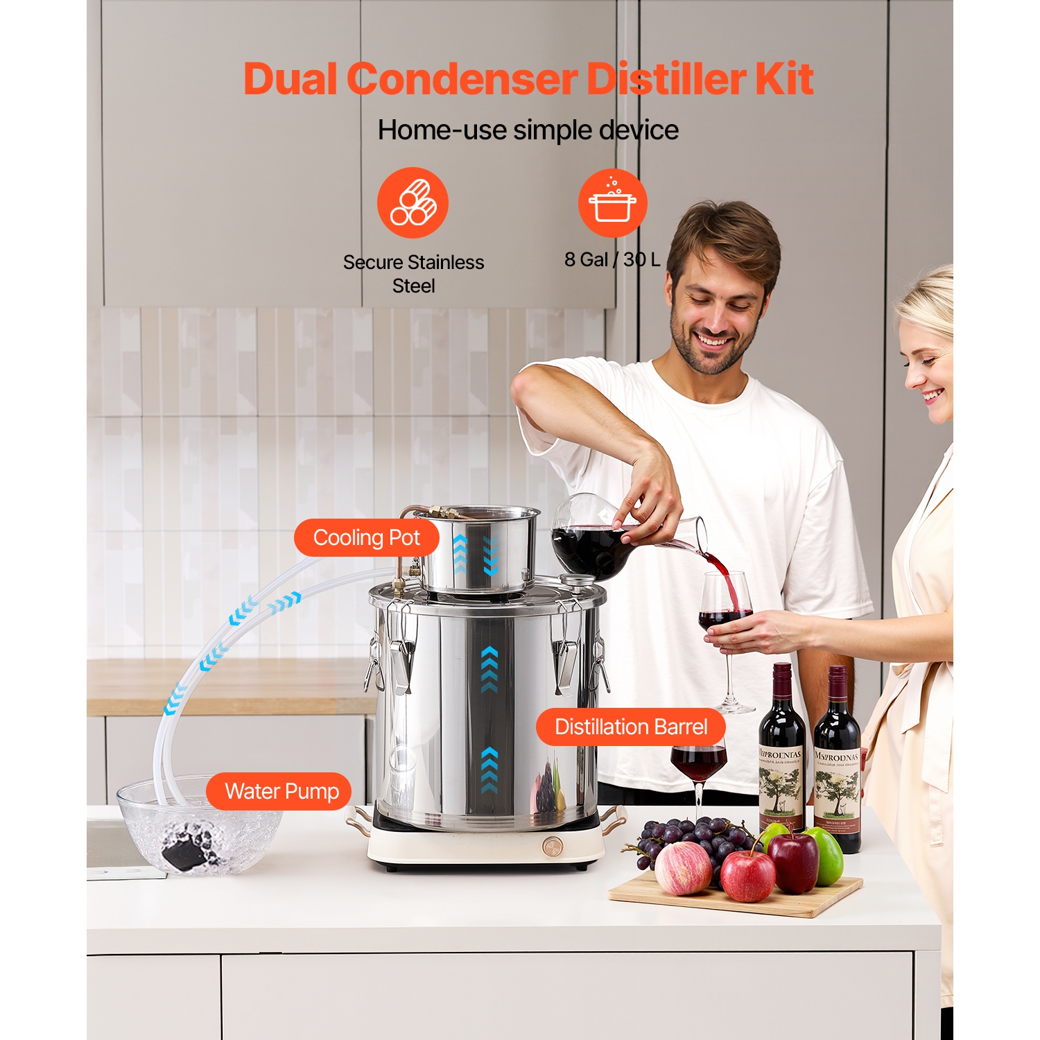 VEVOR 8 Gal / 30 L Alcohol Still, Stainless Steel Water Alcohol Distiller with Copper Coil, Home Brewing Refining Fermentation Kit with Thermometer &