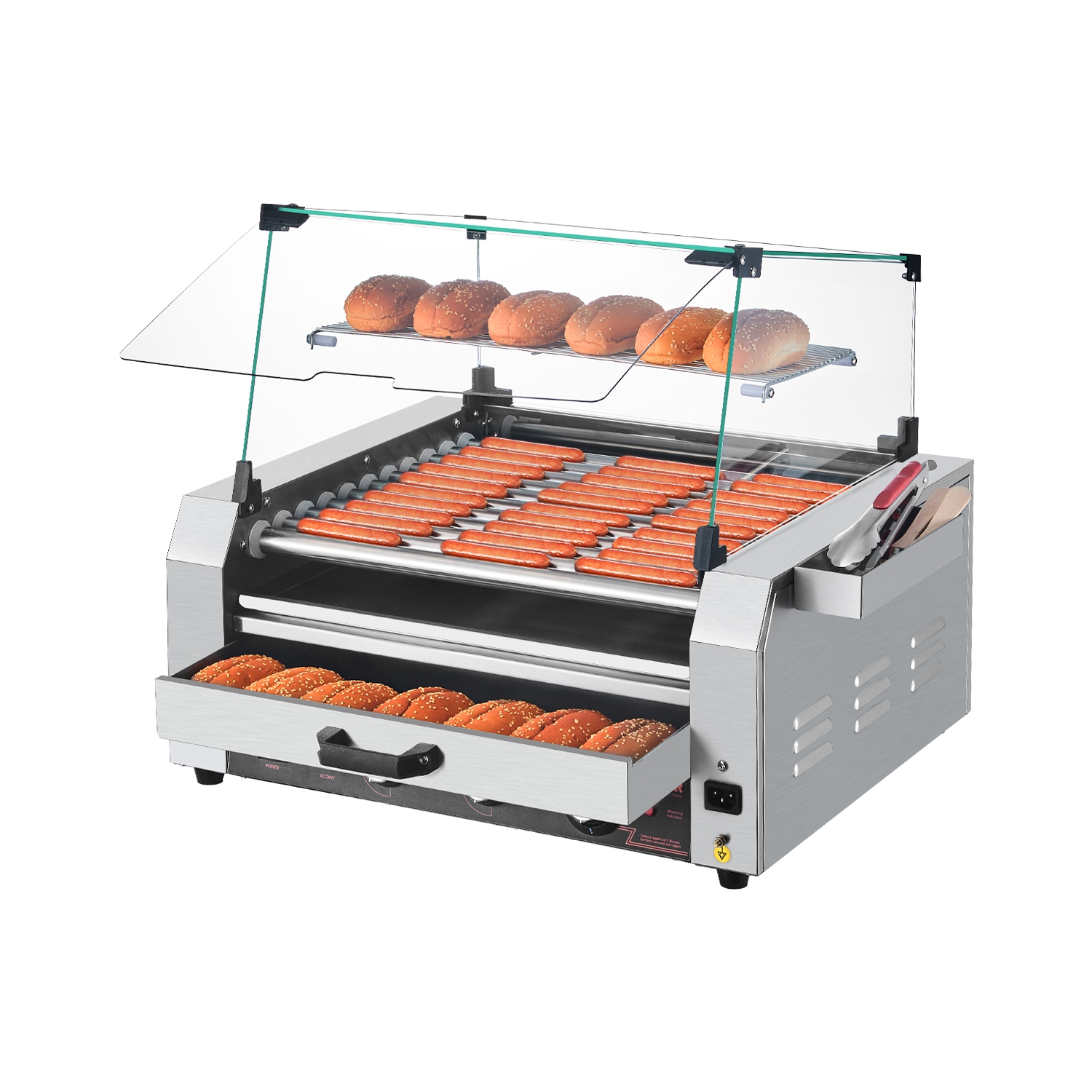 VEVOR 1950W Hot Dog Roller, 30 Hot Dog 11 Rollers, Stainless Steel, with Bun Warmer, Cover, 3 Temp Control, Side Storage Box, Oil Drip Tray, for Home