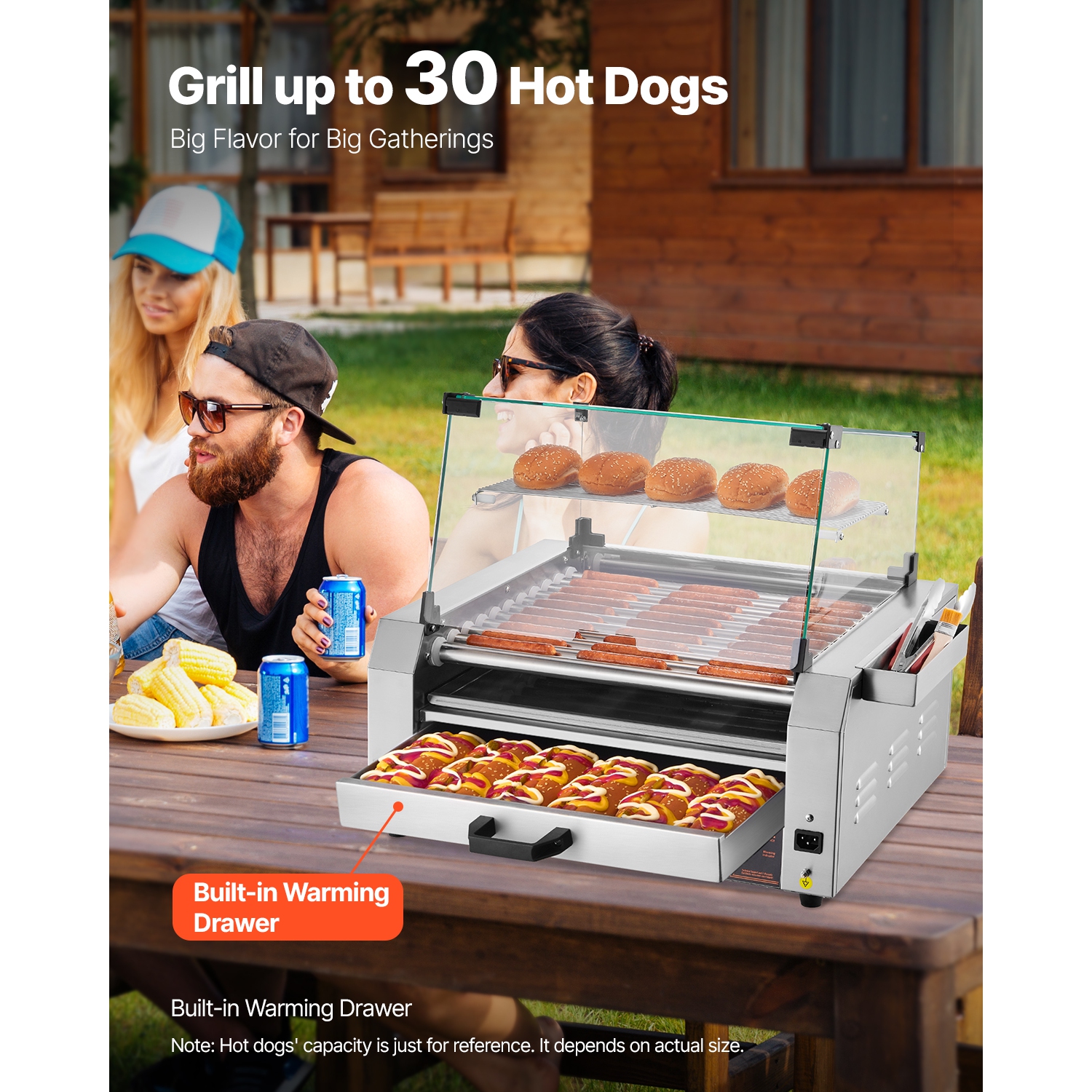 VEVOR 1950W Hot Dog Roller, 30 Hot Dog 11 Rollers, Stainless Steel, with Bun Warmer, Cover, 3 Temp Control, Side Storage Box, Oil Drip Tray, for Home