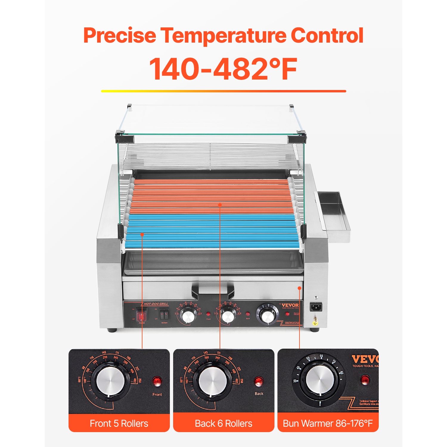 VEVOR 1950W Hot Dog Roller, 30 Hot Dog 11 Rollers, Stainless Steel, with Bun Warmer, Cover, 3 Temp Control, Side Storage Box, Oil Drip Tray, for Home