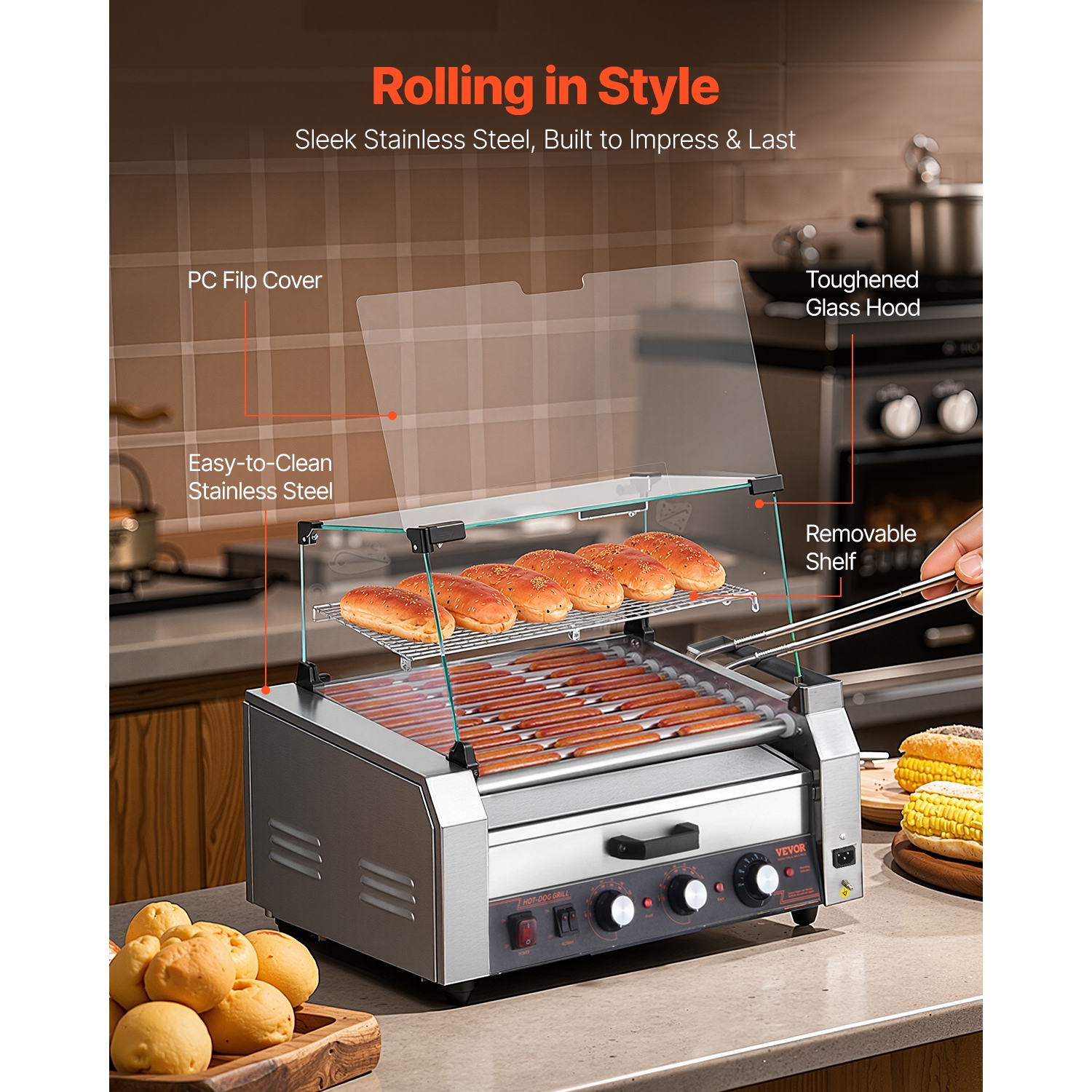 VEVOR 1950W Hot Dog Roller, 30 Hot Dog 11 Rollers, Stainless Steel, with Bun Warmer, Cover, 3 Temp Control, Side Storage Box, Oil Drip Tray, for Home