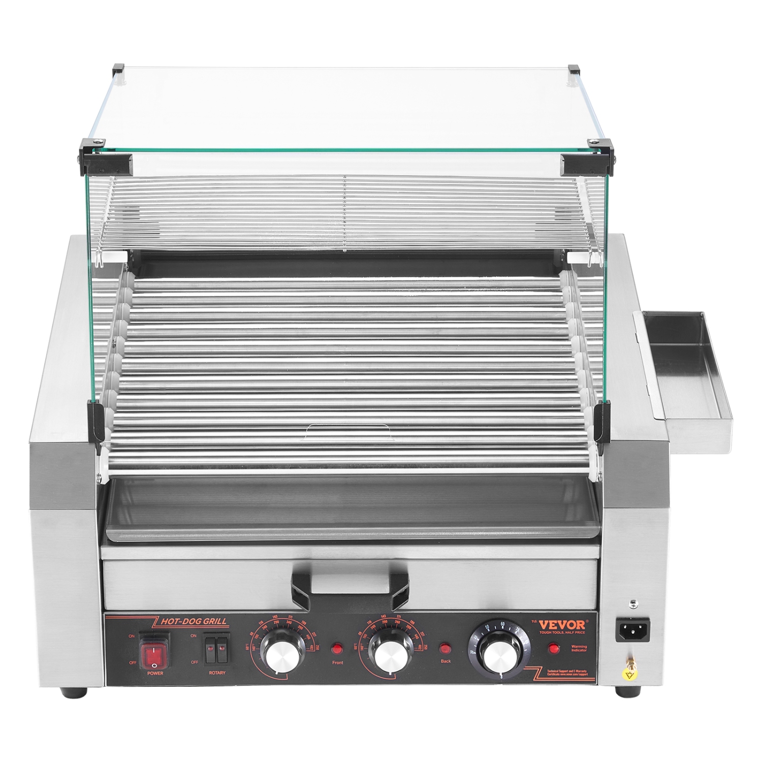 VEVOR 1950W Hot Dog Roller, 30 Hot Dog 11 Rollers, Stainless Steel, with Bun Warmer, Cover, 3 Temp Control, Side Storage Box, Oil Drip Tray, for Home