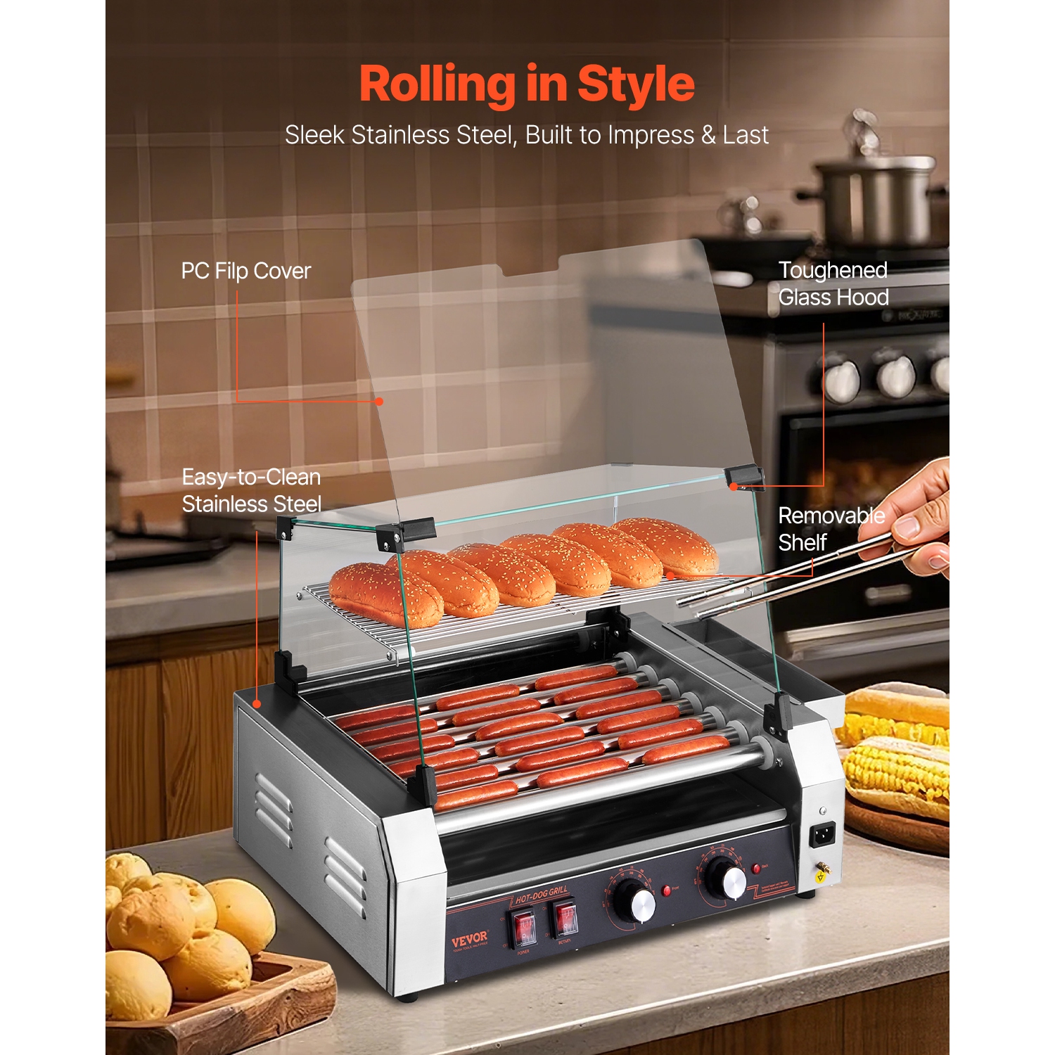 VEVOR 1050W Hot Dog Roller, 18 Hot Dog 7 Rollers, Stainless Steel Sausage Grill Cooker, with Dual Temp Control, Cover, Side Storage Box, Removable