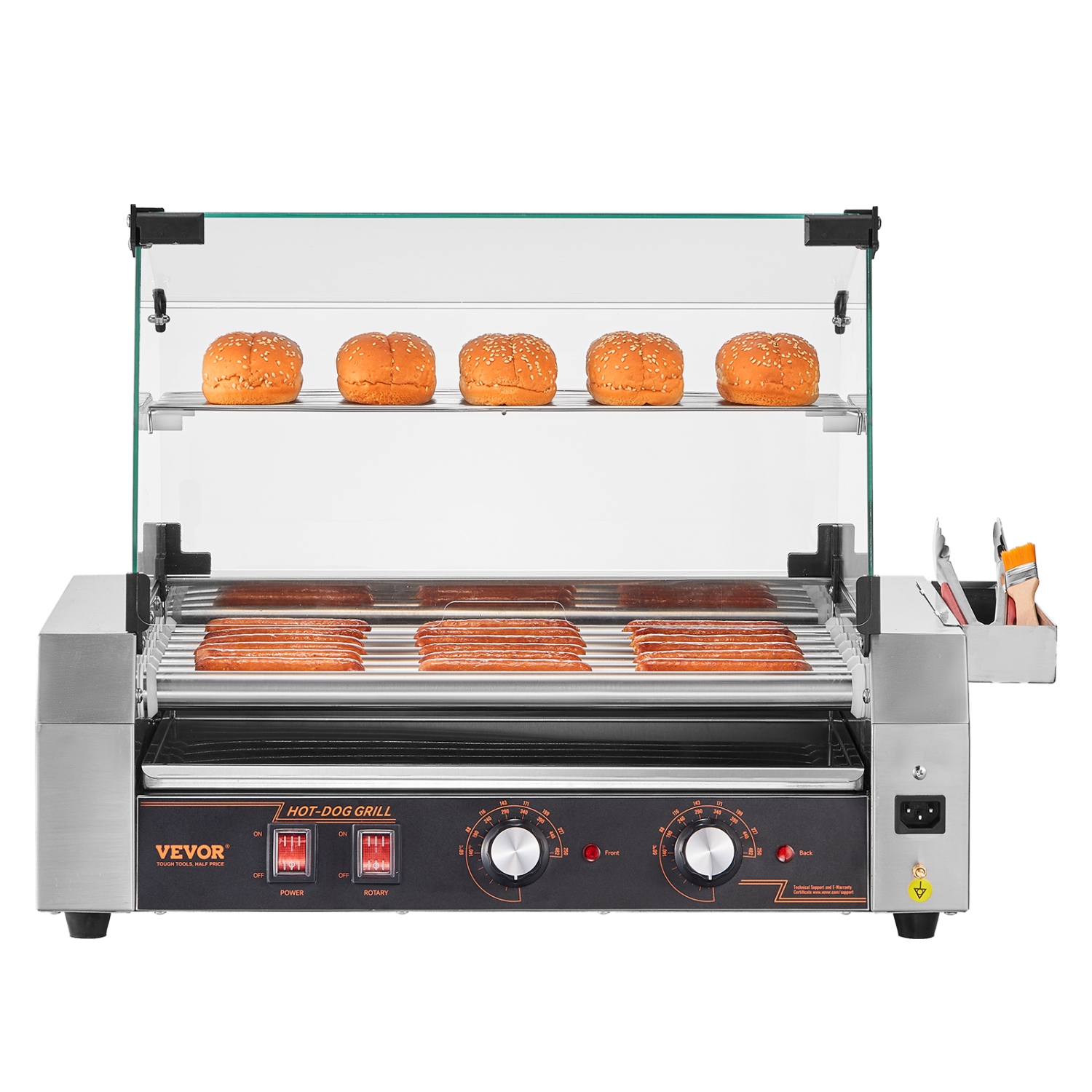 VEVOR 1050W Hot Dog Roller, 18 Hot Dog 7 Rollers, Stainless Steel Sausage Grill Cooker, with Dual Temp Control, Cover, Side Storage Box, Removable