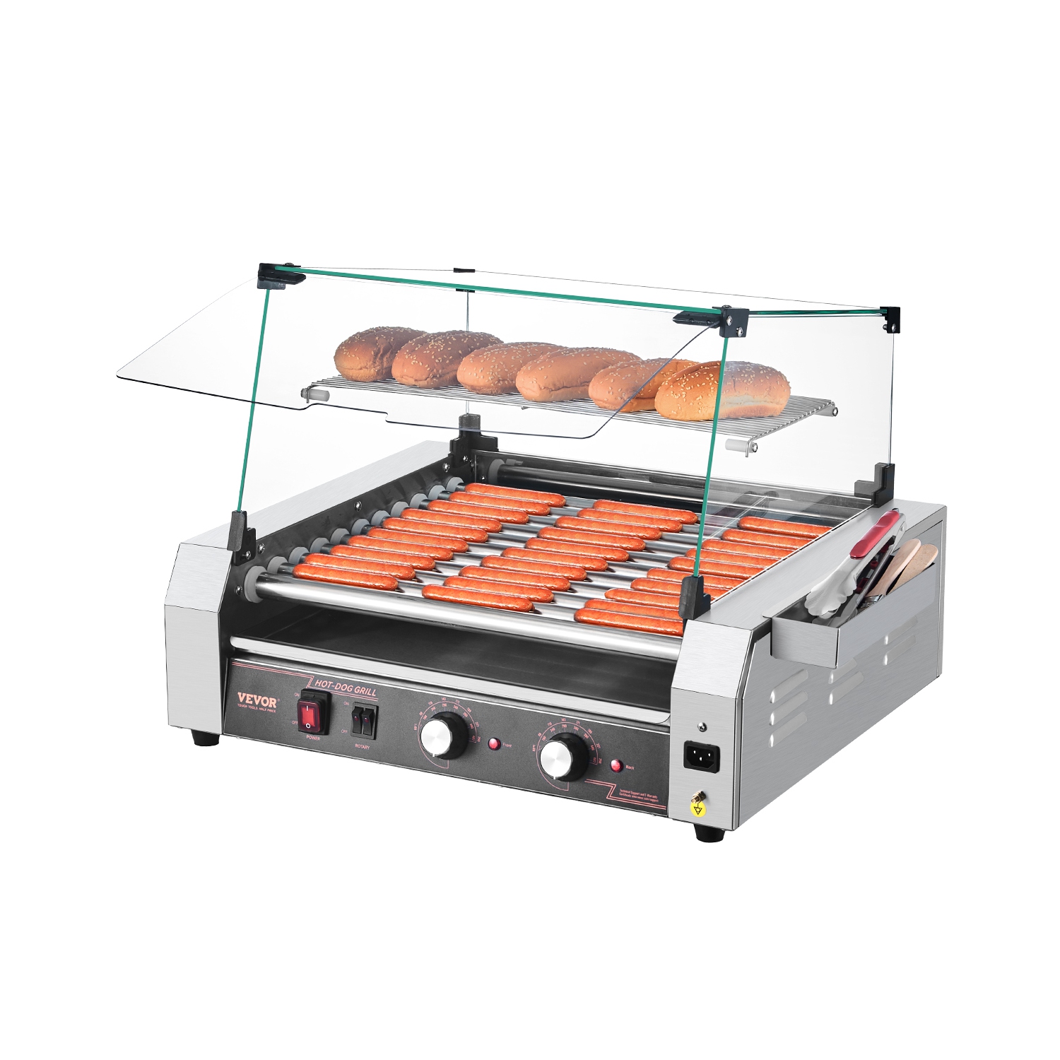 VEVOR 1600W Hot Dog Roller, 30 Hot Dog 11 Rollers, Stainless Steel Sausage Grill Cooker, with Dual Temp Control, Cover, Side Storage Box, Removable