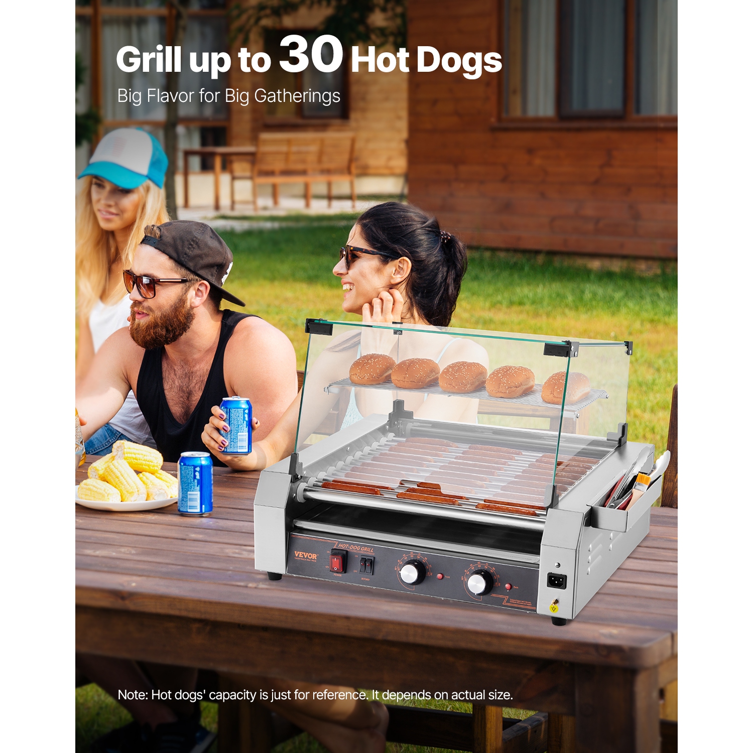 VEVOR 1600W Hot Dog Roller, 30 Hot Dog 11 Rollers, Stainless Steel Sausage Grill Cooker, with Dual Temp Control, Cover, Side Storage Box, Removable