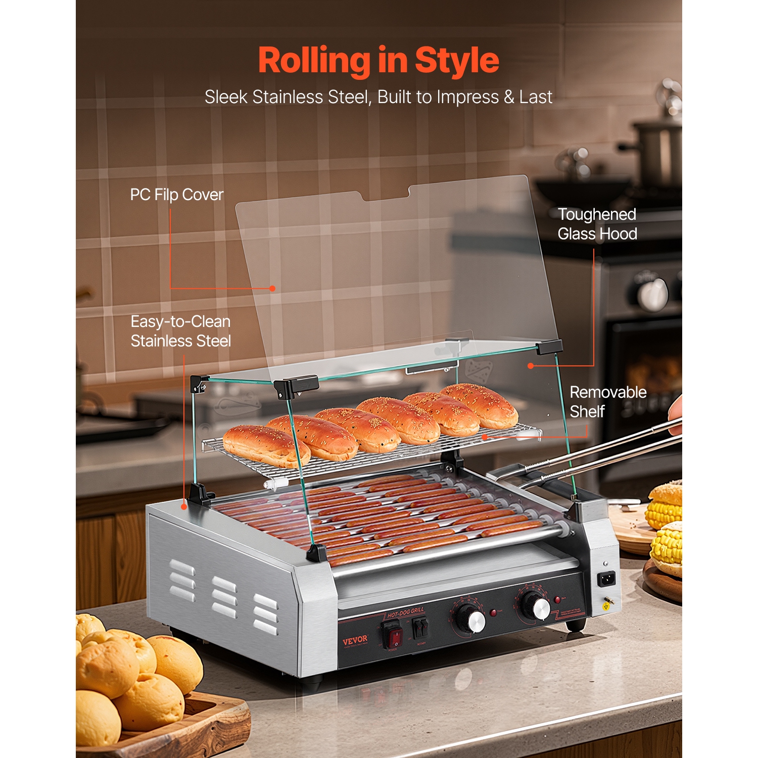 VEVOR 1600W Hot Dog Roller, 30 Hot Dog 11 Rollers, Stainless Steel Sausage Grill Cooker, with Dual Temp Control, Cover, Side Storage Box, Removable