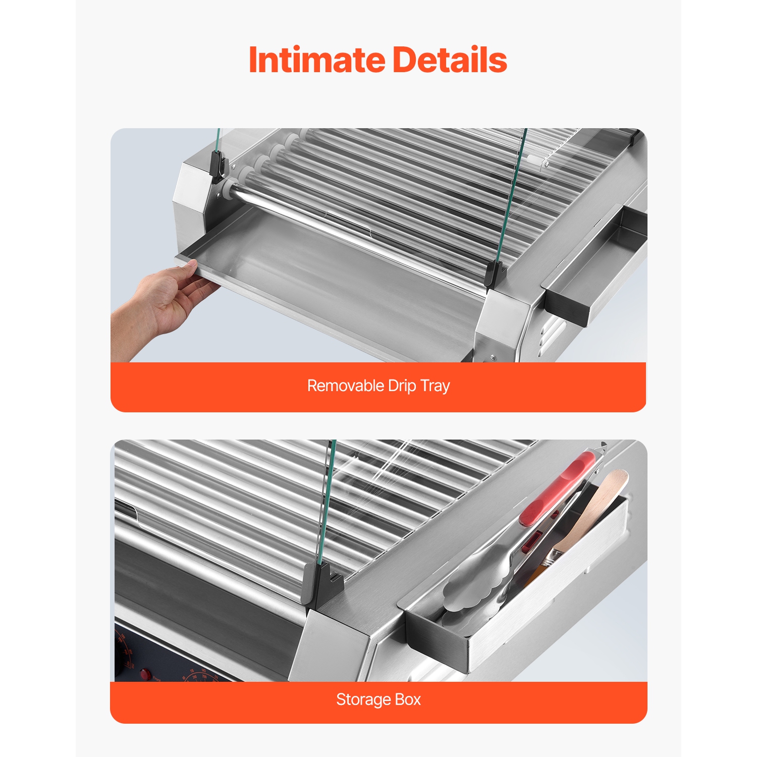 VEVOR 1600W Hot Dog Roller, 30 Hot Dog 11 Rollers, Stainless Steel Sausage Grill Cooker, with Dual Temp Control, Cover, Side Storage Box, Removable