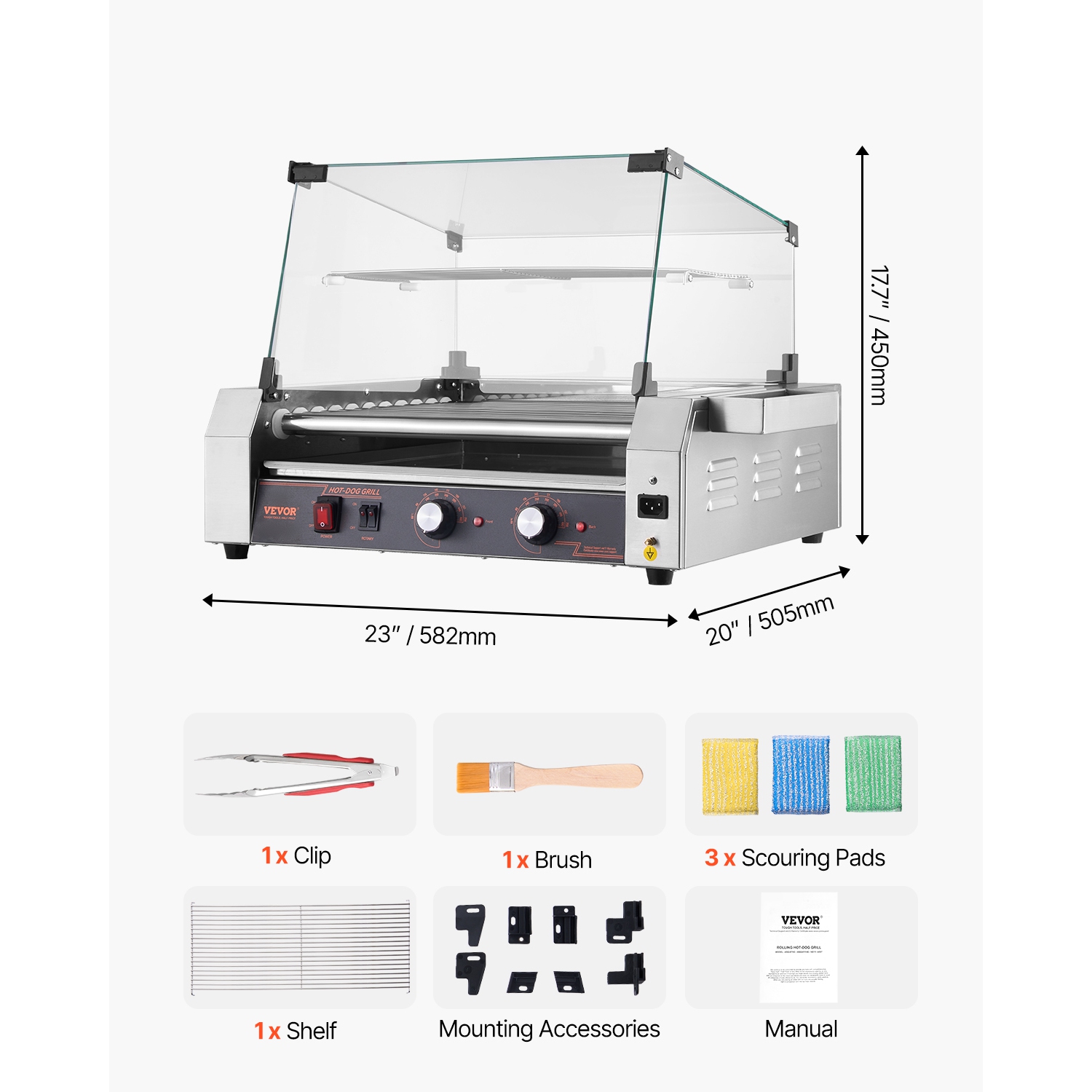 VEVOR 1600W Hot Dog Roller, 30 Hot Dog 11 Rollers, Stainless Steel Sausage Grill Cooker, with Dual Temp Control, Cover, Side Storage Box, Removable