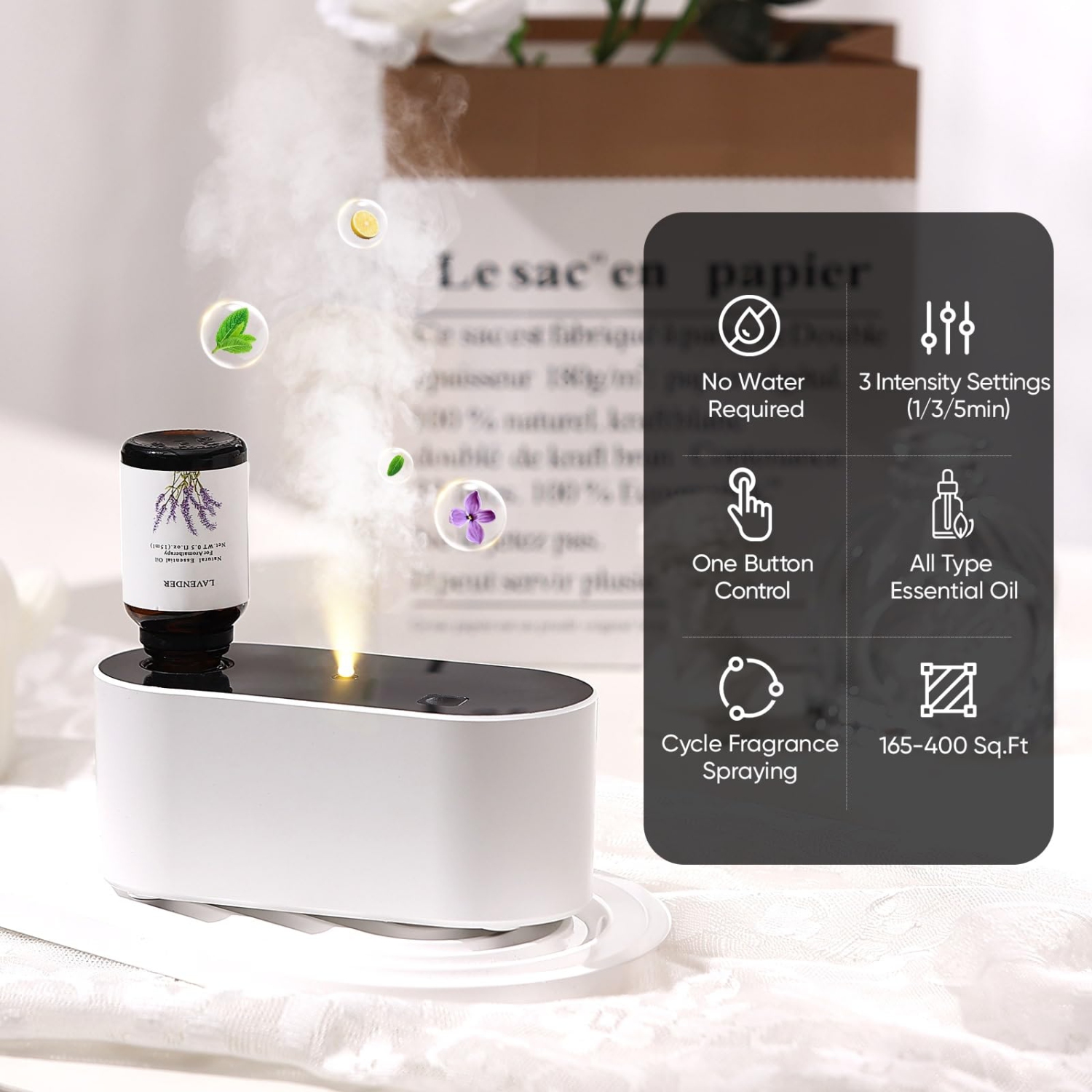 Diffuseur d'huile essentielle sans eau, mini diffuseur d'aromathérapie portatif avec 3 modes de vaporisation pour le bureau et la chambre à coucher