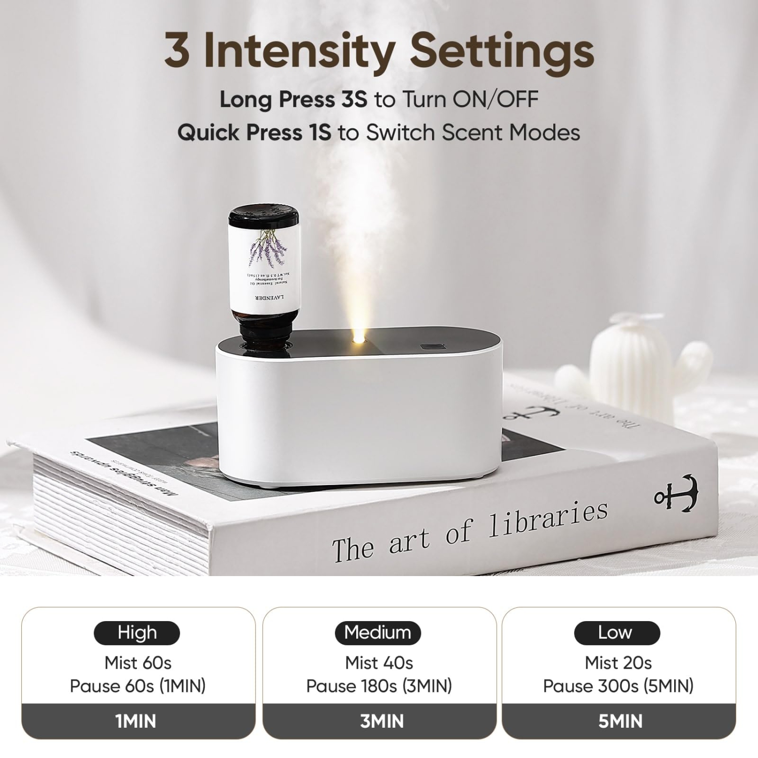 Diffuseur d'huile essentielle sans eau, mini diffuseur d'aromathérapie portatif avec 3 modes de vaporisation pour le bureau et la chambre à coucher