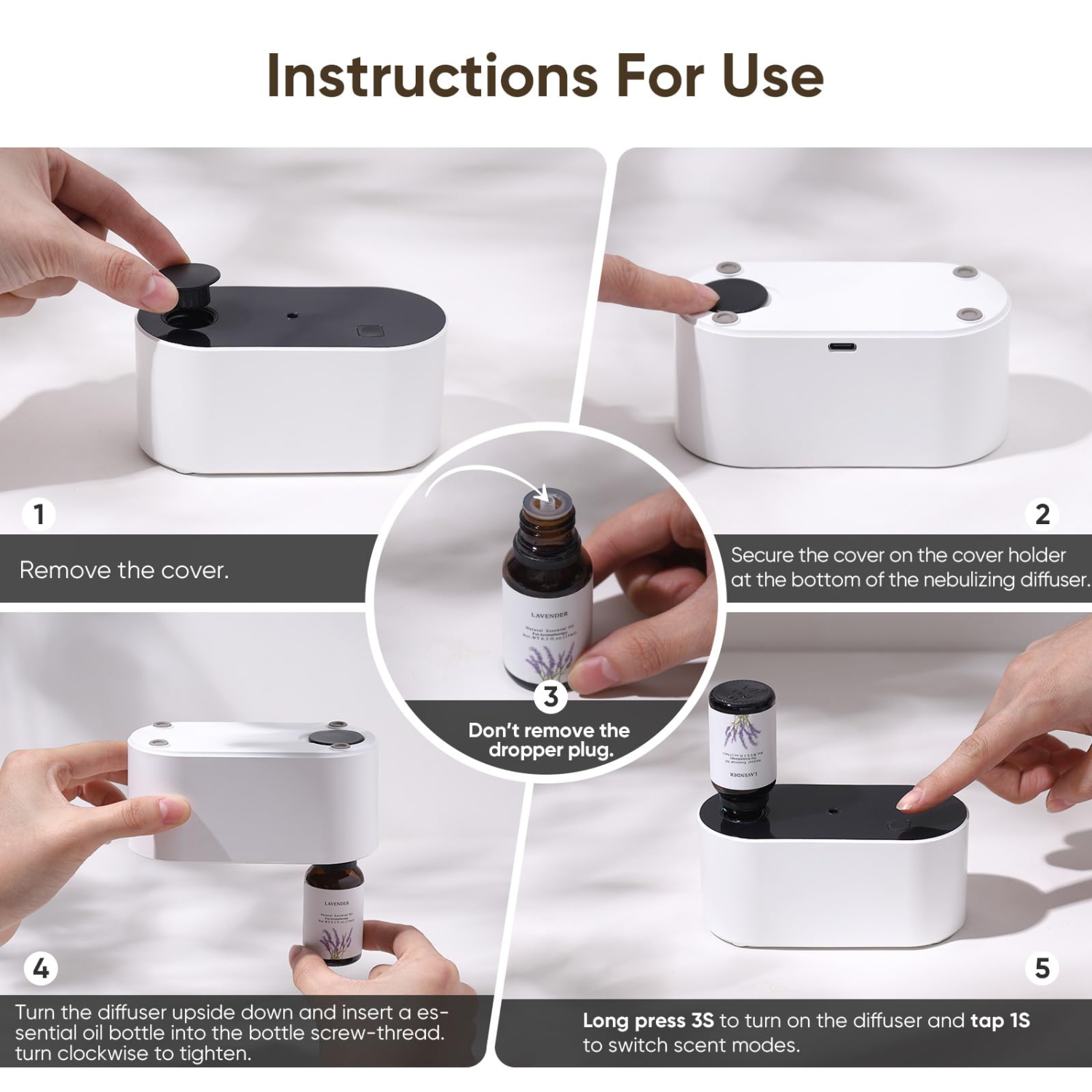 Diffuseur d'huile essentielle sans eau, mini diffuseur d'aromathérapie portatif avec 3 modes de vaporisation pour le bureau et la chambre à coucher