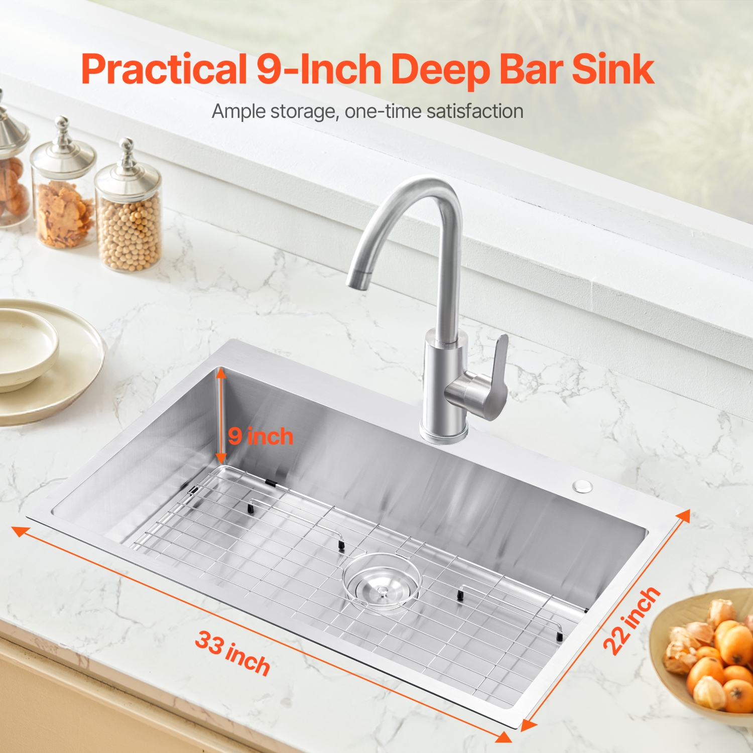 VEVOR 33 inch Kitchen Sink Workstation, 304 Stainless Steel Top Mount Sinks, Drop-In Single Bowl Farmhouse Basin with Accessories, for RV, Prep