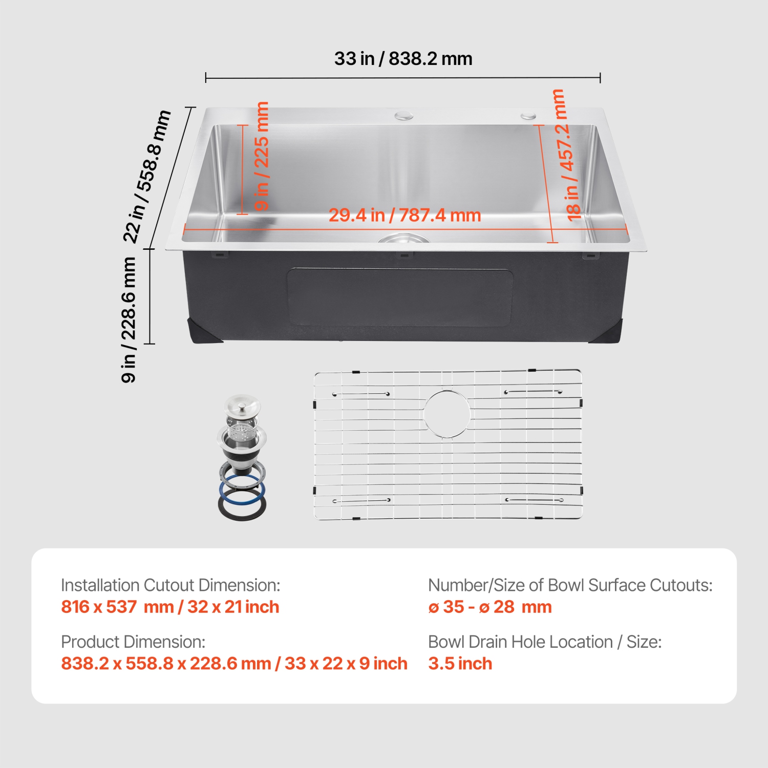 VEVOR 33 inch Kitchen Sink Workstation, 304 Stainless Steel Top Mount Sinks, Drop-In Single Bowl Farmhouse Basin with Accessories, for RV, Prep