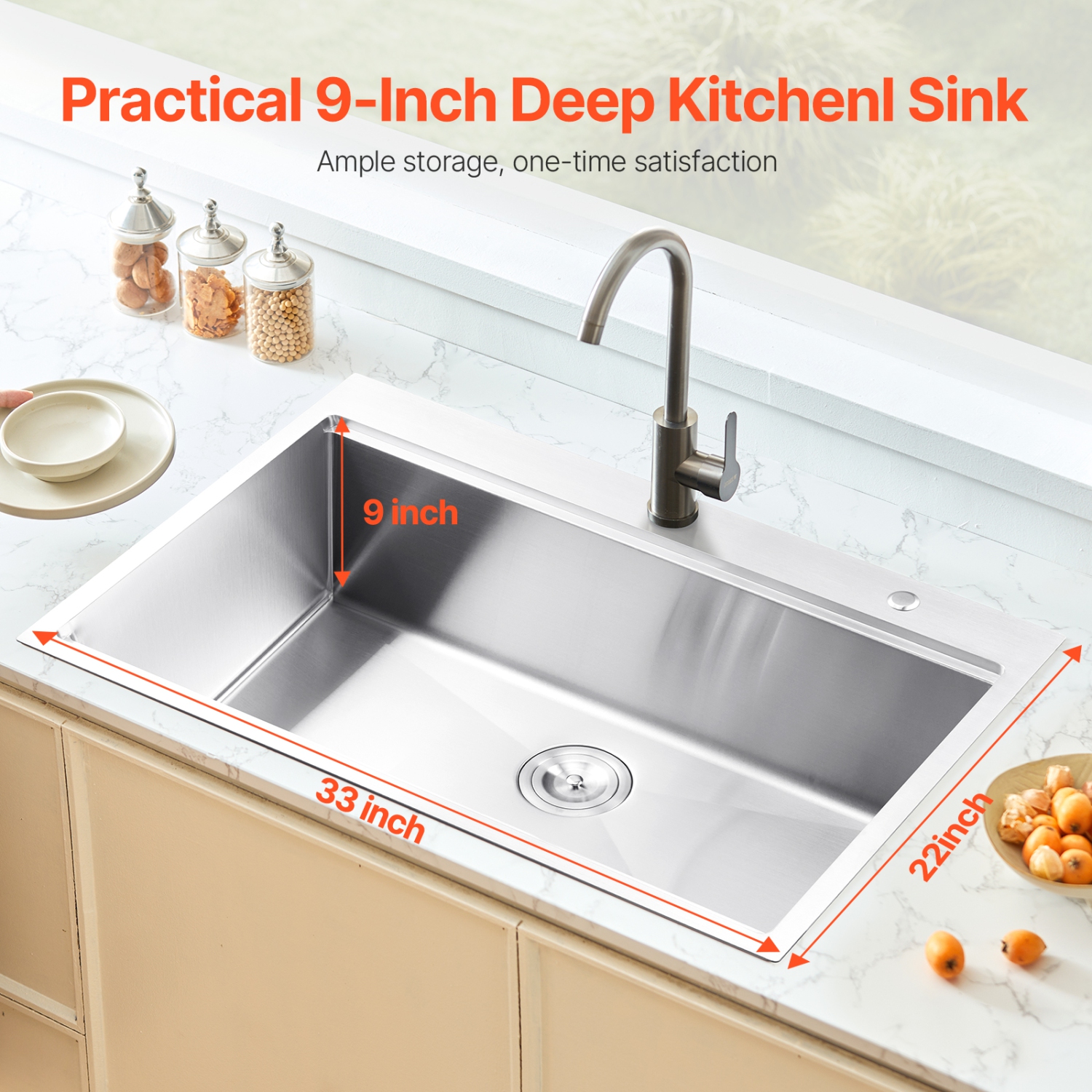 VEVOR 33 inch Kitchen Sink Workstation, 304 Stainless Steel Top Mount Sinks, Drop-In Single Bowl Farmhouse Basin with Ledge & Multiple Accessories,