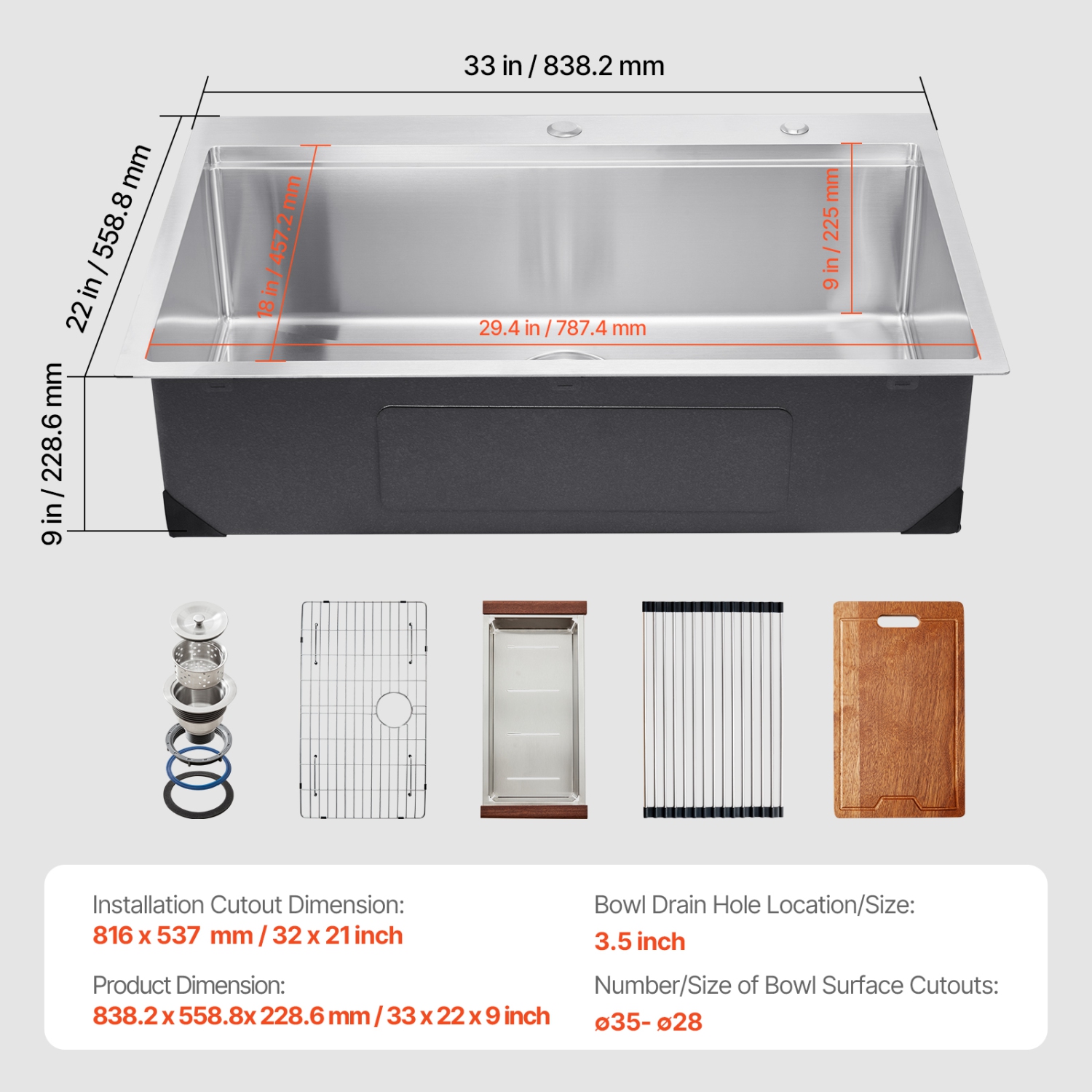 VEVOR 33 inch Kitchen Sink Workstation, 304 Stainless Steel Top Mount Sinks, Drop-In Single Bowl Farmhouse Basin with Ledge & Multiple Accessories,