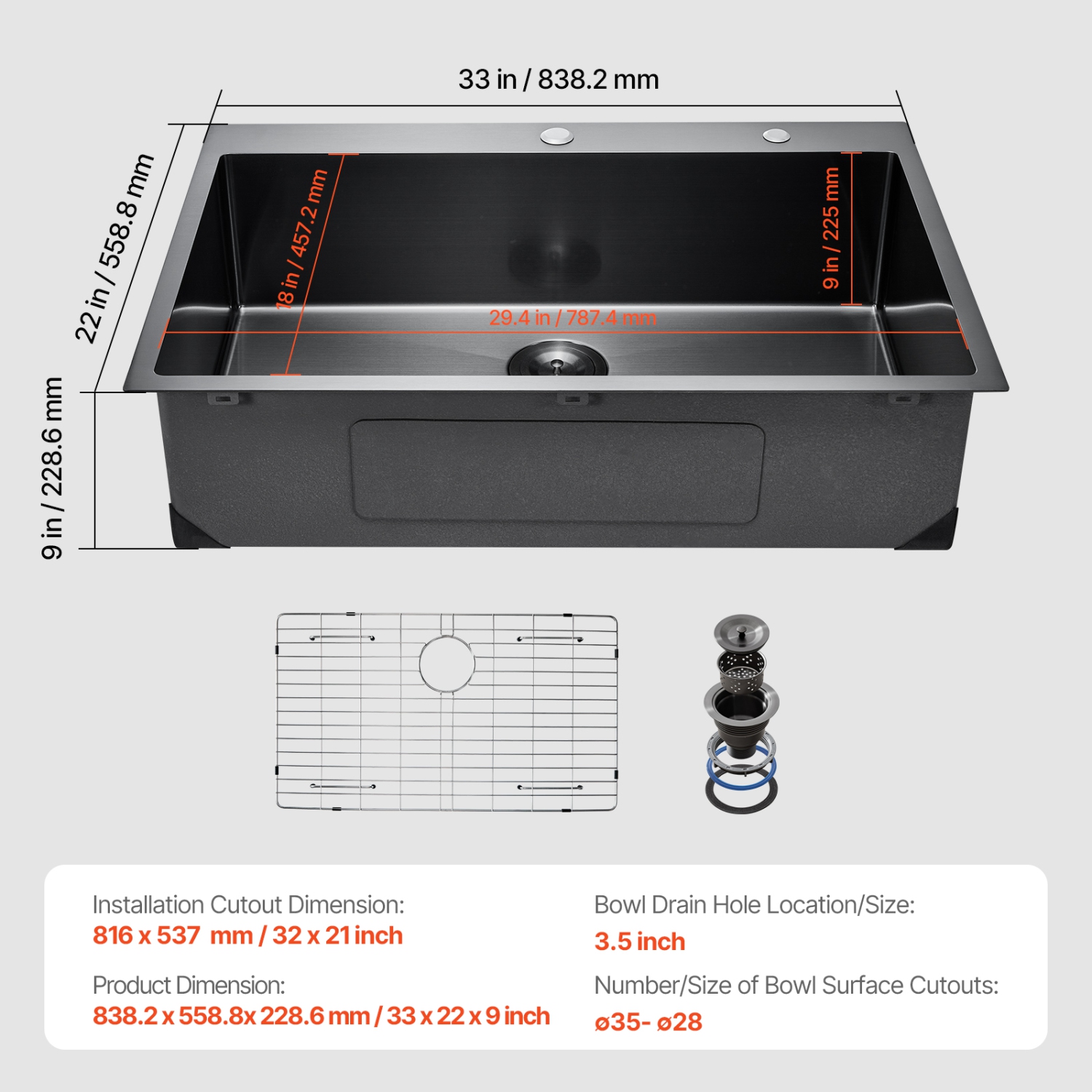 VEVOR 33 inch Kitchen Sink Workstation, 304 Stainless Steel Top Mount Sinks, Drop-In Single Bowl Farmhouse Basin with Accessories, for RV, Prep