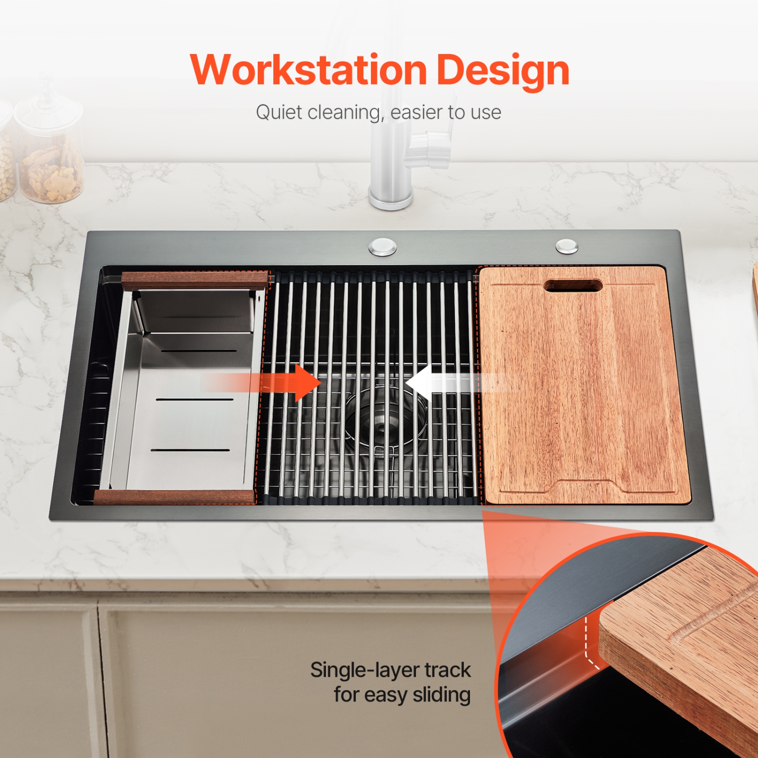 VEVOR 33 inch Kitchen Sink Workstation, 304 Stainless Steel Top Mount Sinks, Drop-In Single Bowl Farmhouse Basin with Ledge & Multiple Accessories,