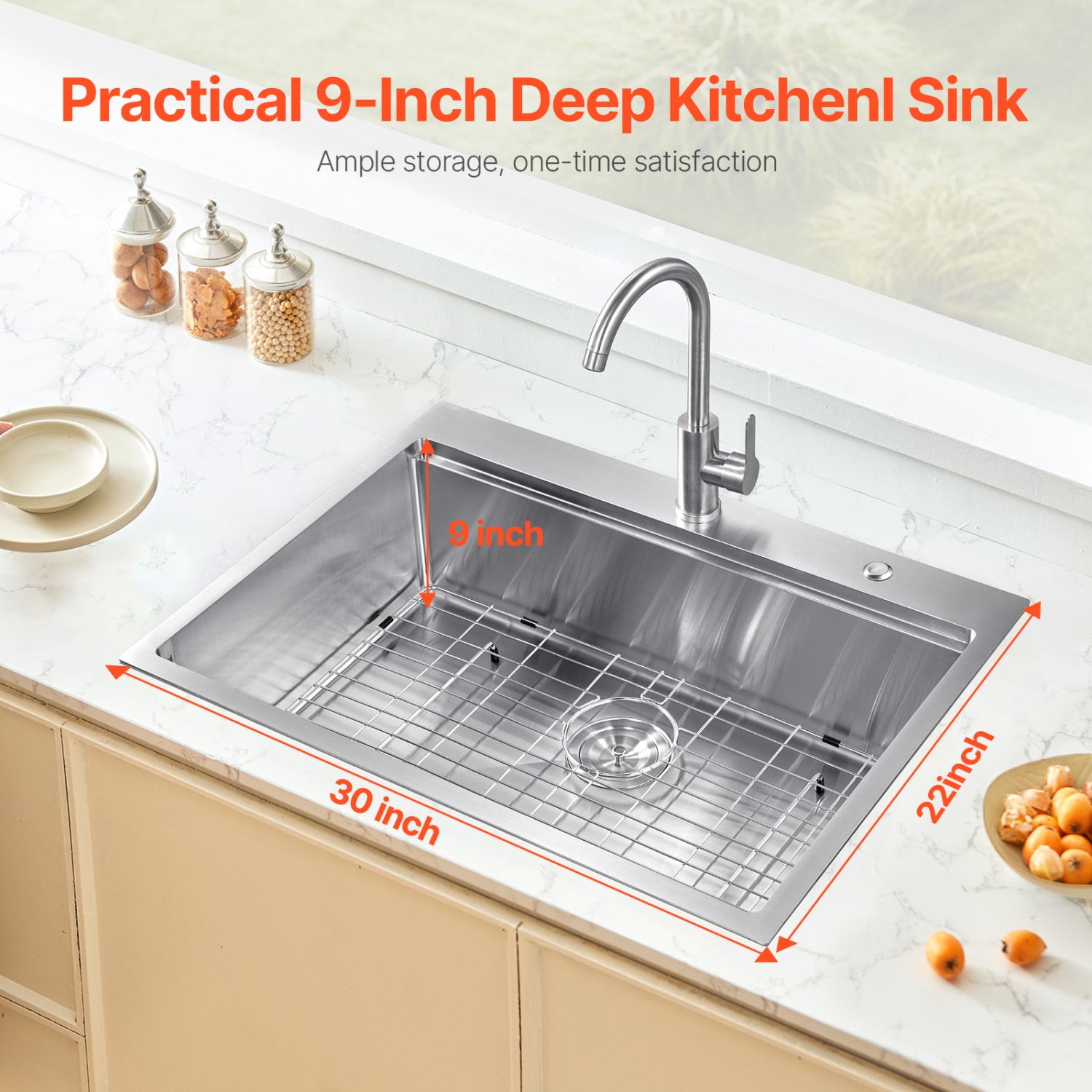 VEVOR 30 inch Kitchen Sink Workstation, 304 Stainless Steel Top Mount Sinks, Drop-In Single Bowl Farmhouse Basin with Ledge & Multiple Accessories,