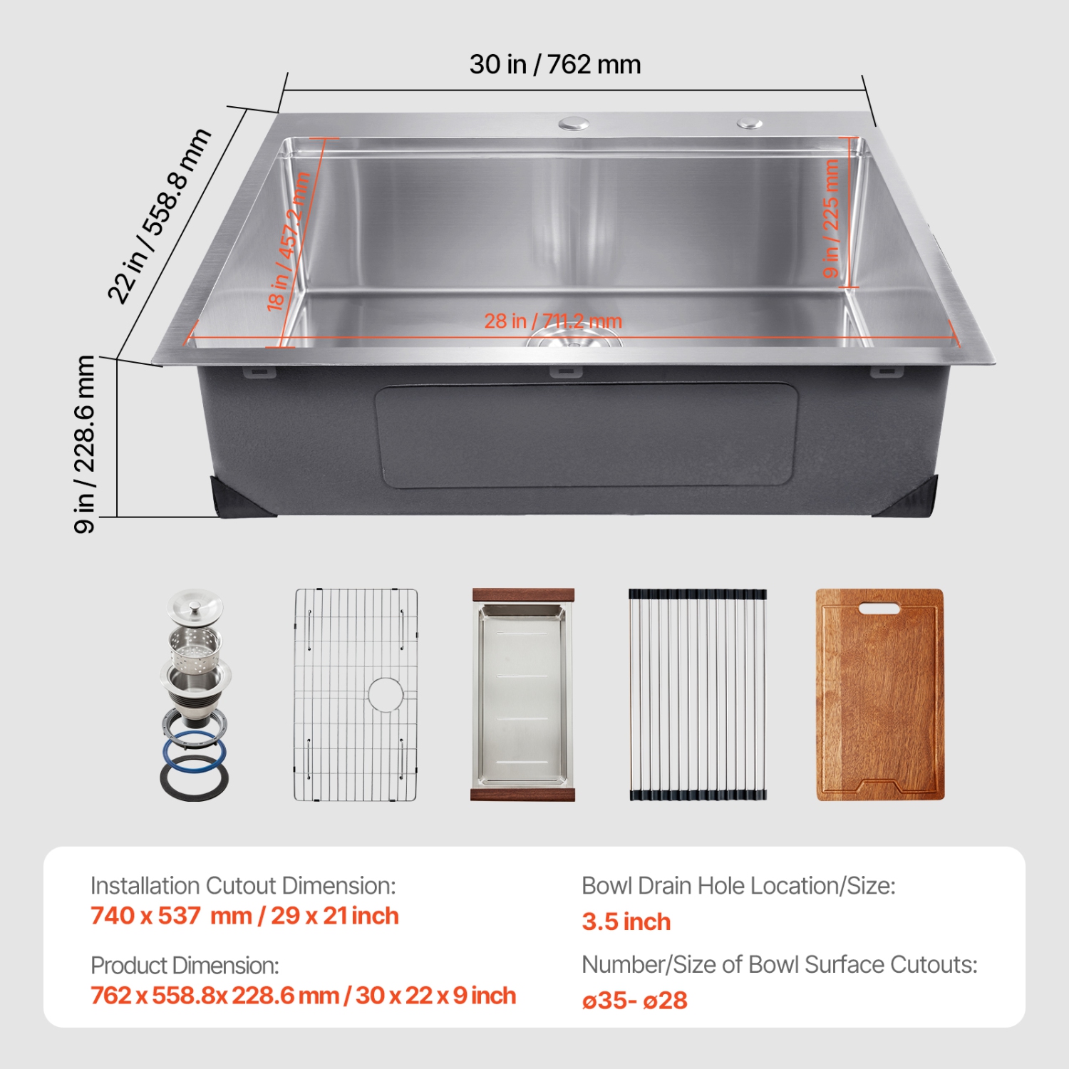 VEVOR 30 inch Kitchen Sink Workstation, 304 Stainless Steel Top Mount Sinks, Drop-In Single Bowl Farmhouse Basin with Ledge & Multiple Accessories,