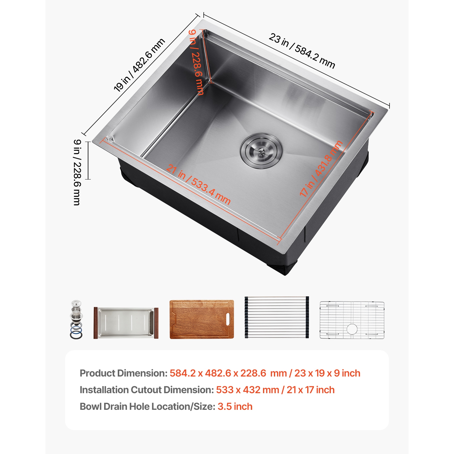 VEVOR 23 inch Kitchen Sink Workstation, 304 Stainless Steel Undermount Sink, Drop-In Single Bowl Farmhouse Basin with Ledge & Multiple Accessories,
