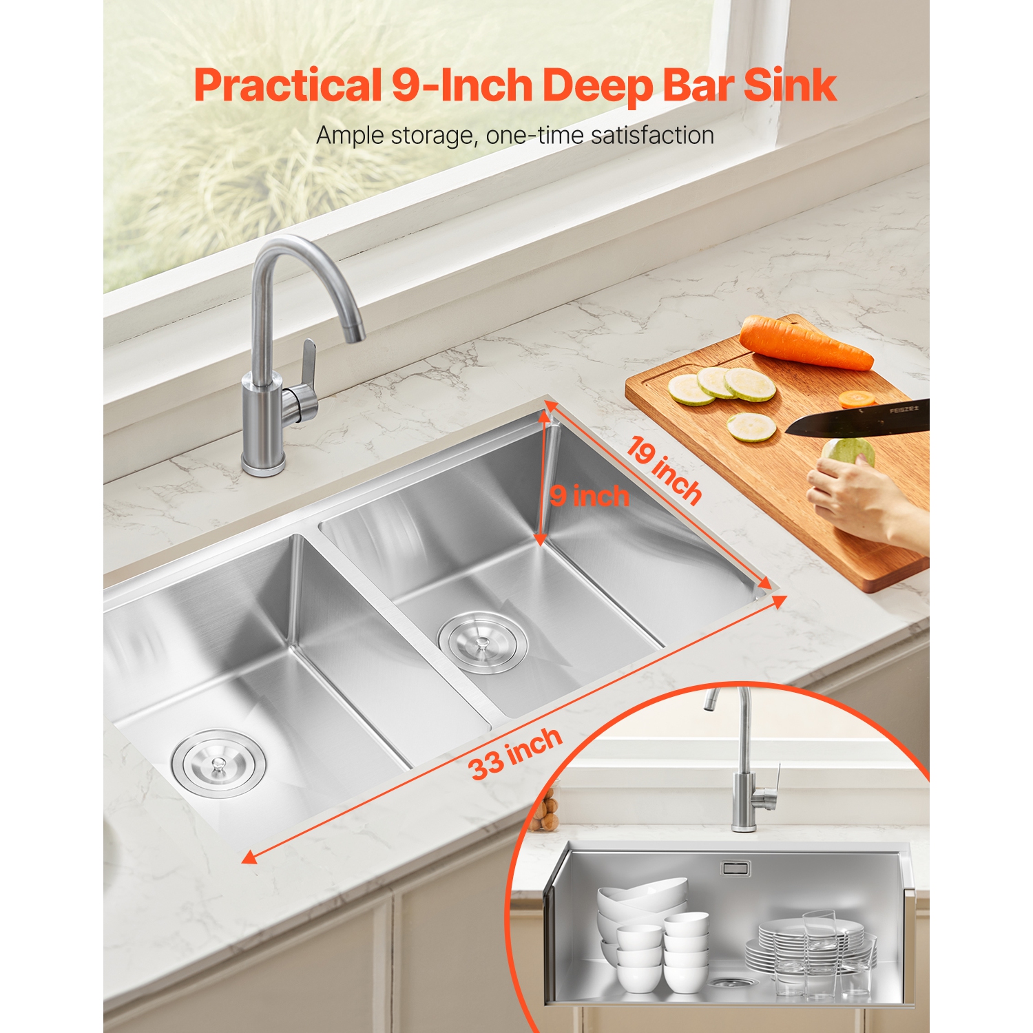 VEVOR 33 inch Kitchen Sink Workstation, 304 Stainless Steel Undermount Sink, Drop-In Double Bowl Farmhouse Basin with Ledge & Multiple Accessories,