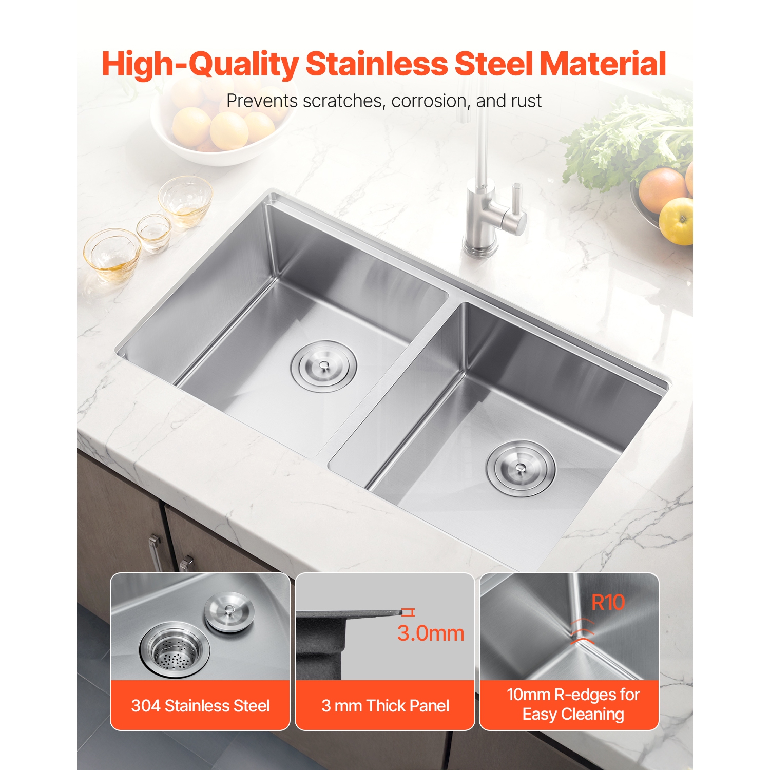 VEVOR 33 inch Kitchen Sink Workstation, 304 Stainless Steel Undermount Sink, Drop-In Double Bowl Farmhouse Basin with Ledge & Multiple Accessories,