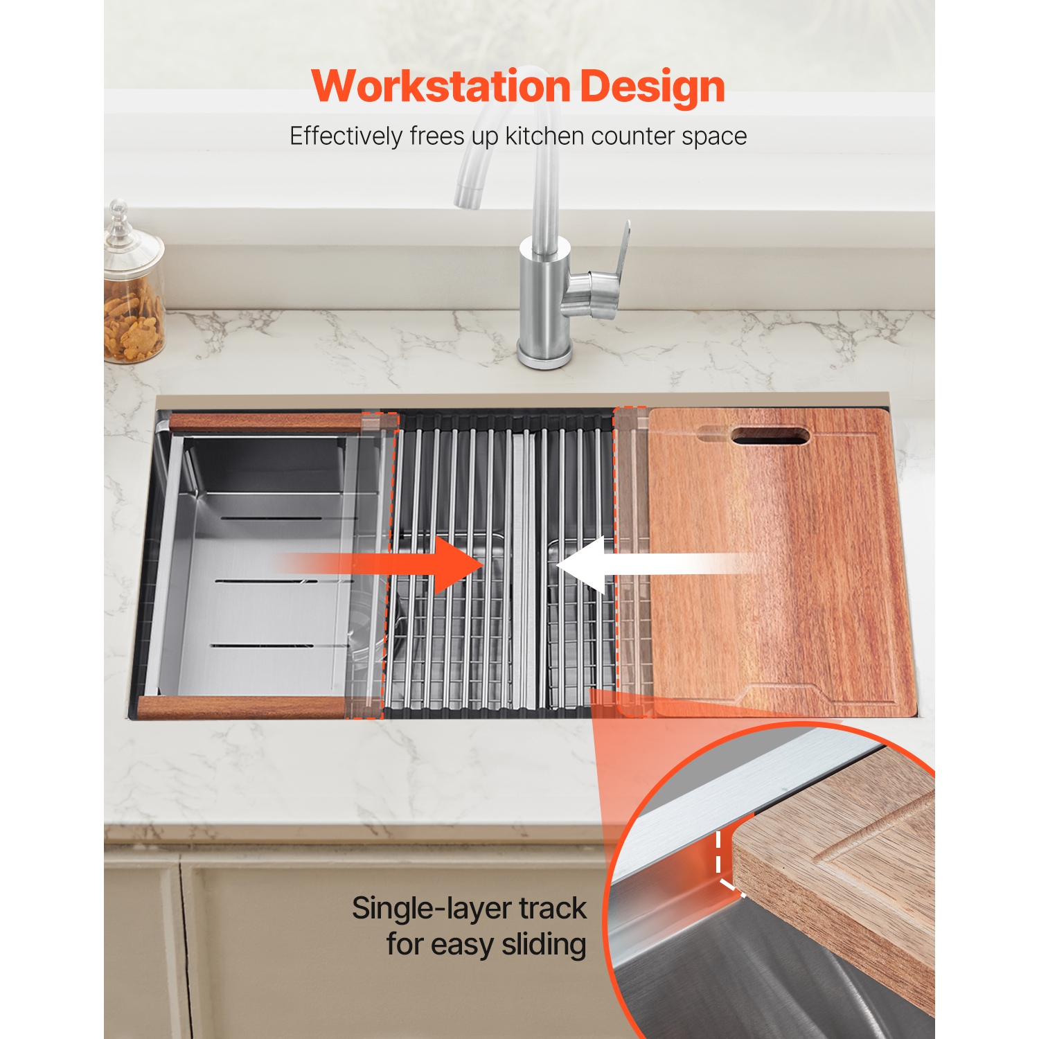 VEVOR 33 inch Kitchen Sink Workstation, 304 Stainless Steel Undermount Sink, Drop-In Double Bowl Farmhouse Basin with Ledge & Multiple Accessories,