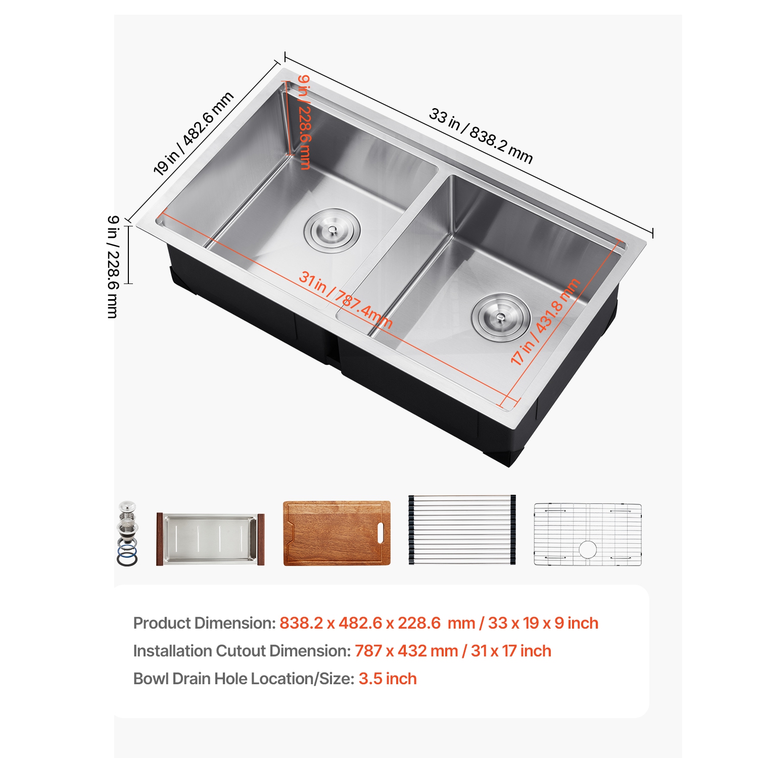 VEVOR 33 inch Kitchen Sink Workstation, 304 Stainless Steel Undermount Sink, Drop-In Double Bowl Farmhouse Basin with Ledge & Multiple Accessories,