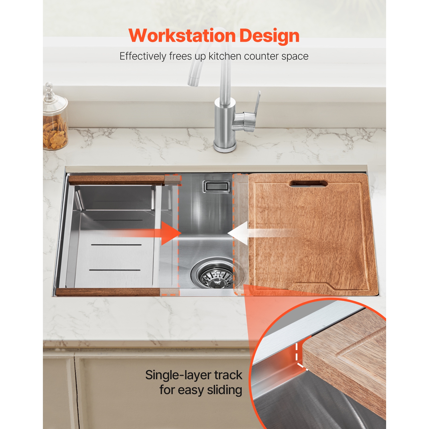 VEVOR 32 inch Kitchen Sink Workstation, 304 Stainless Steel Undermount Sink, Drop-In Single Bowl Farmhouse Basin with Ledge & Multiple Accessories,