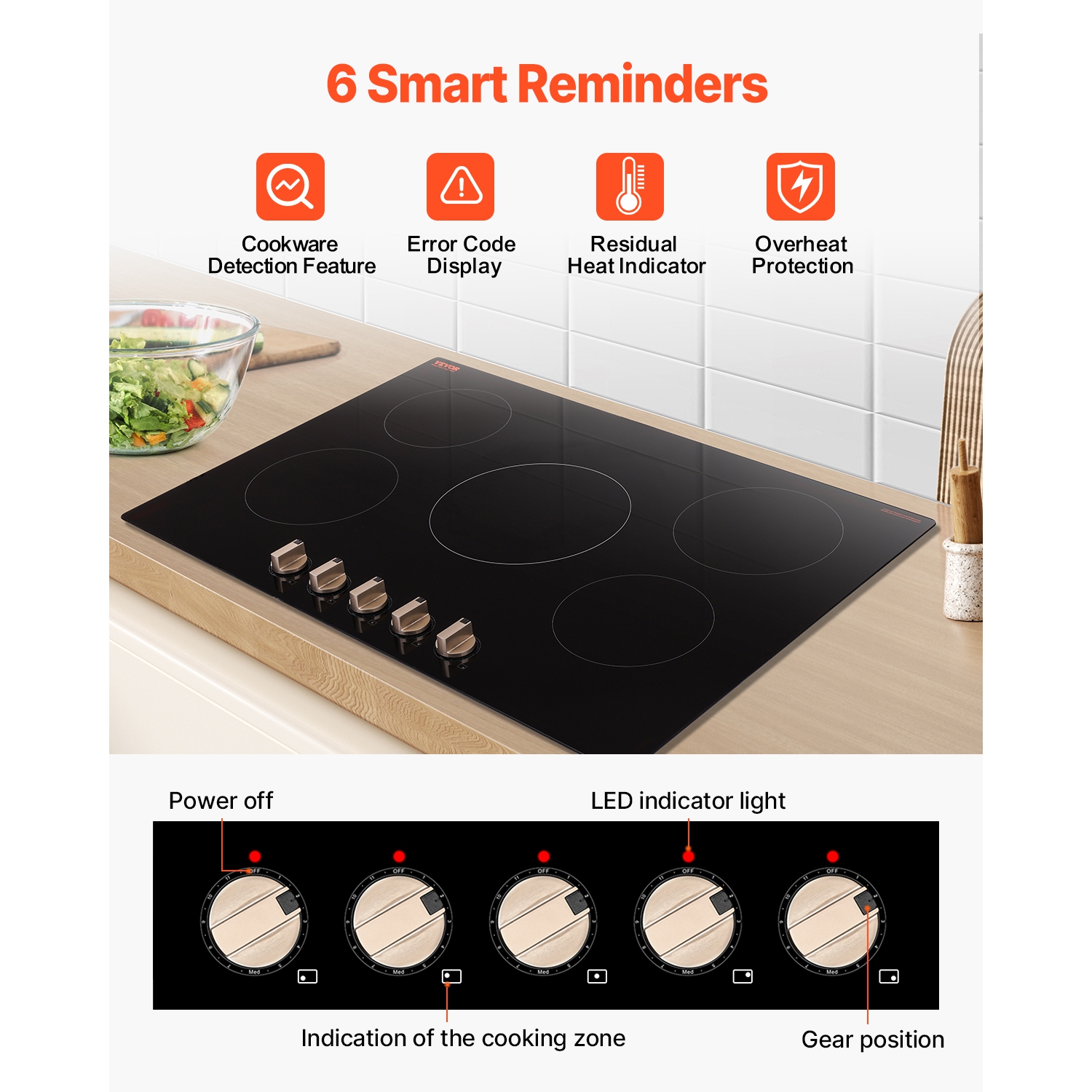 VEVOR 9200W Induction Cooktop, Electric Countertop Burner, 5 Burner Knob Control Stove, Built-in Induction Cooktop with 12 Temperature Settings,