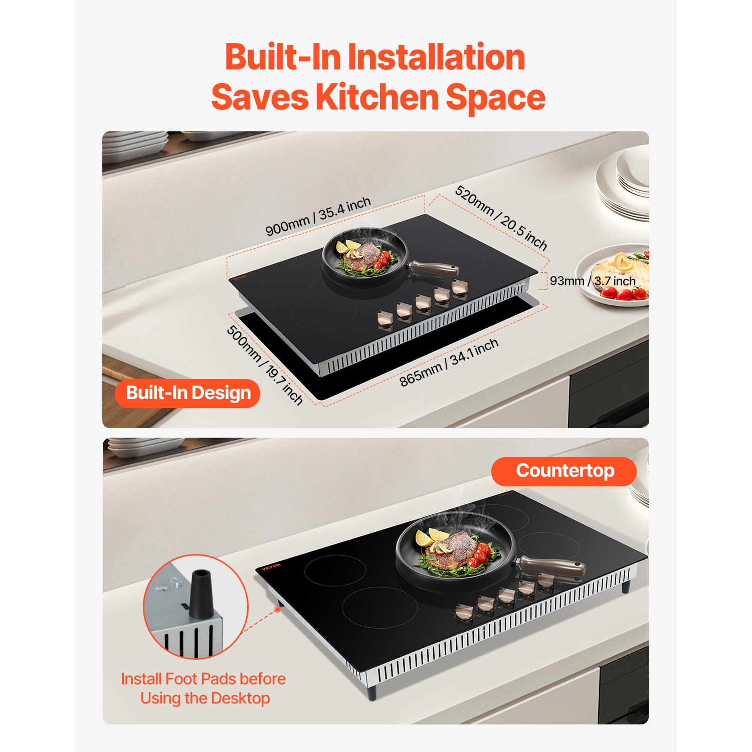 VEVOR 9200W Induction Cooktop, Electric Countertop Burner, 5 Burner Knob Control Stove, Built-in Induction Cooktop with 12 Temperature Settings,