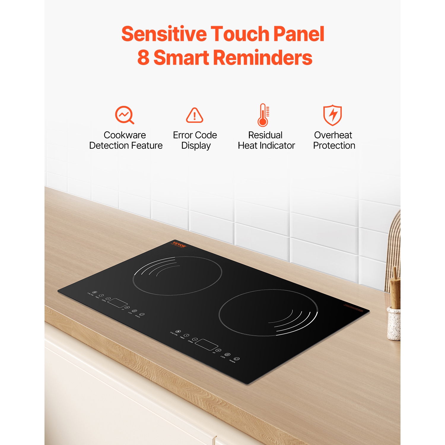 VEVOR 1800W Induction Cooktop, Electric Countertop Burner, 2 Burner Touch Control Stove, Built-in Induction Cooktop with 9 Power Settings, Child