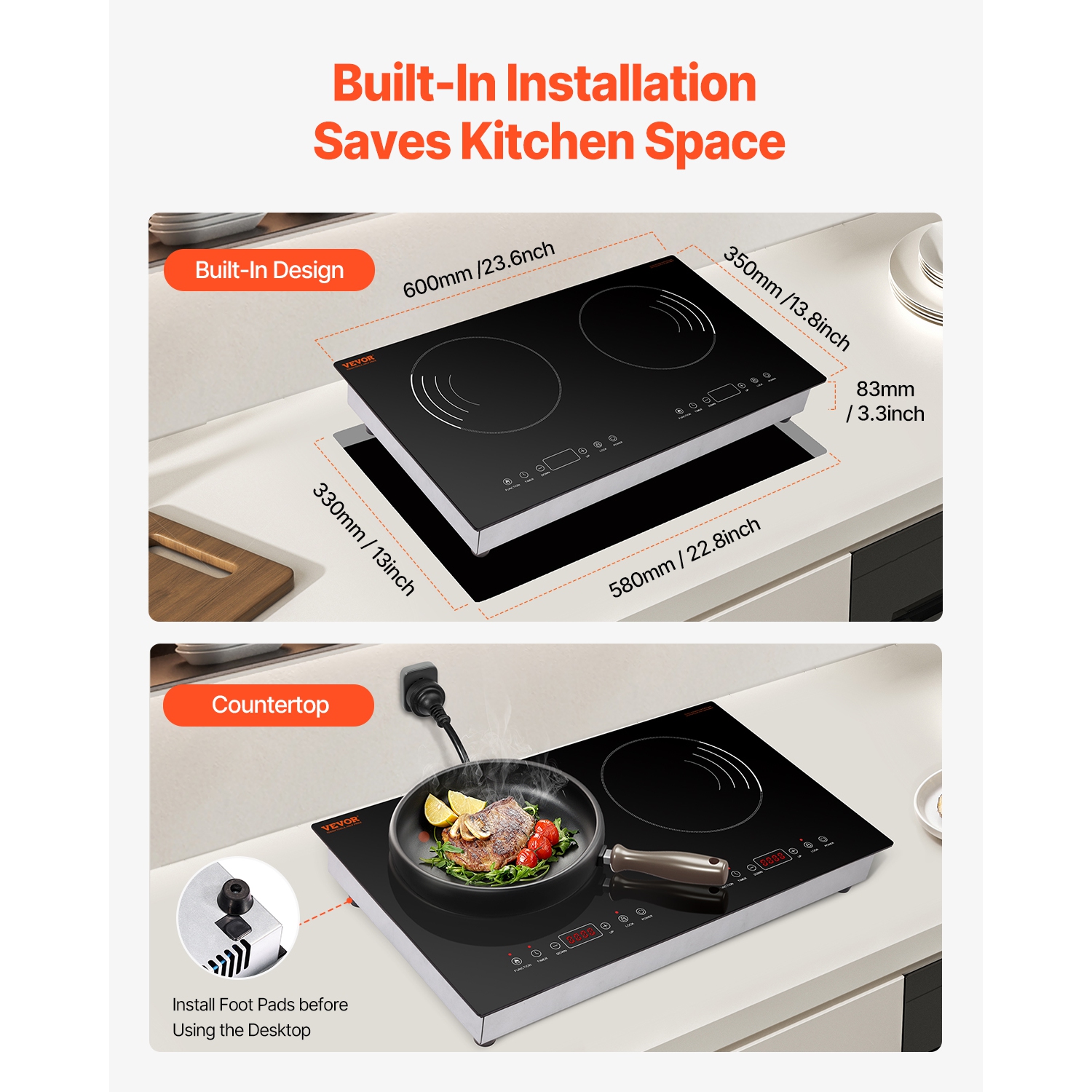 VEVOR 1800W Induction Cooktop, Electric Countertop Burner, 2 Burner Touch Control Stove, Built-in Induction Cooktop with 9 Power Settings, Child