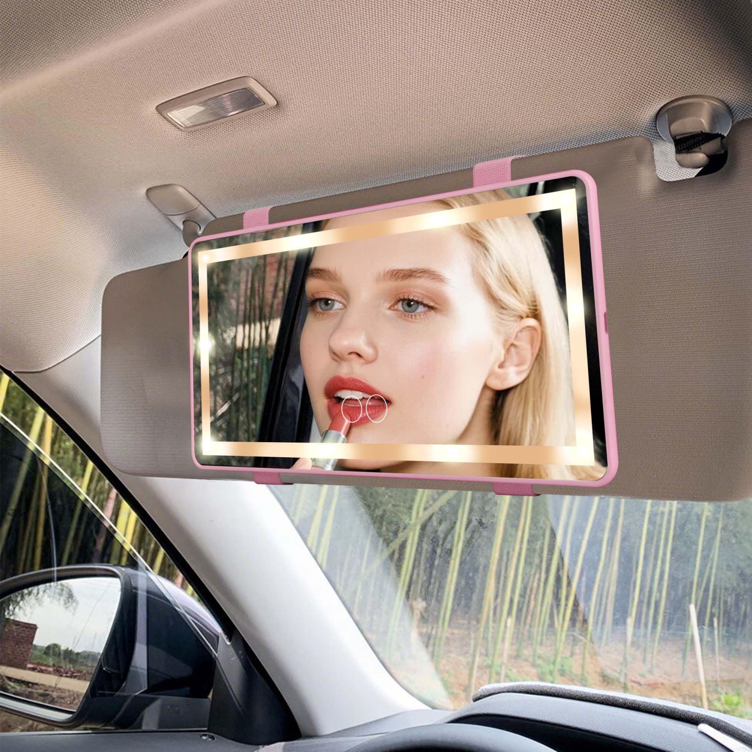 Miroir de maquillage pour l'auto avec éclairage LED, miroir de pare-soleil rechargeable à gradation réglable