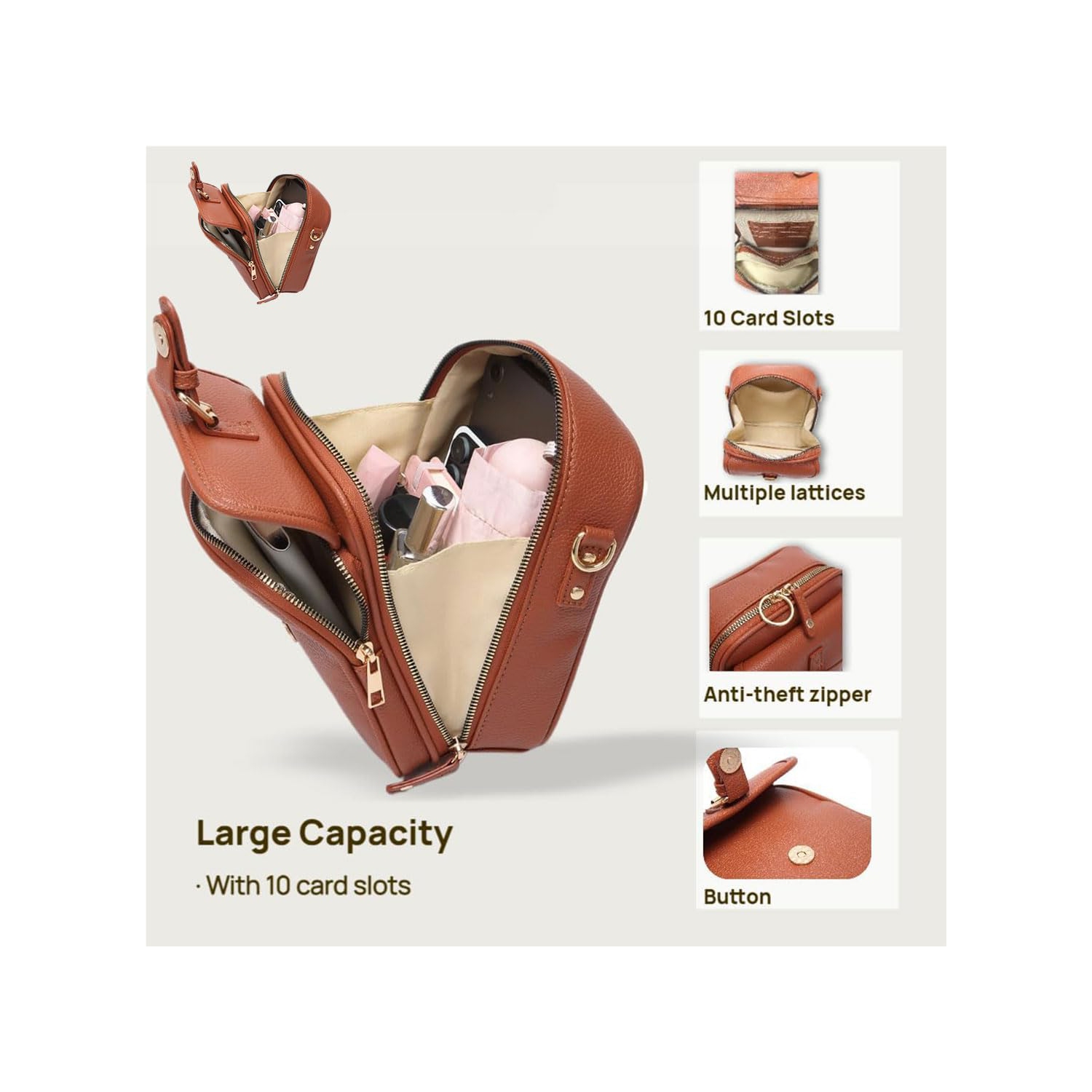 Sac à bandoulière rétro en cuir, sac à bandoulière décontracté avec 10 fentes pour cartes, modèle unisexe