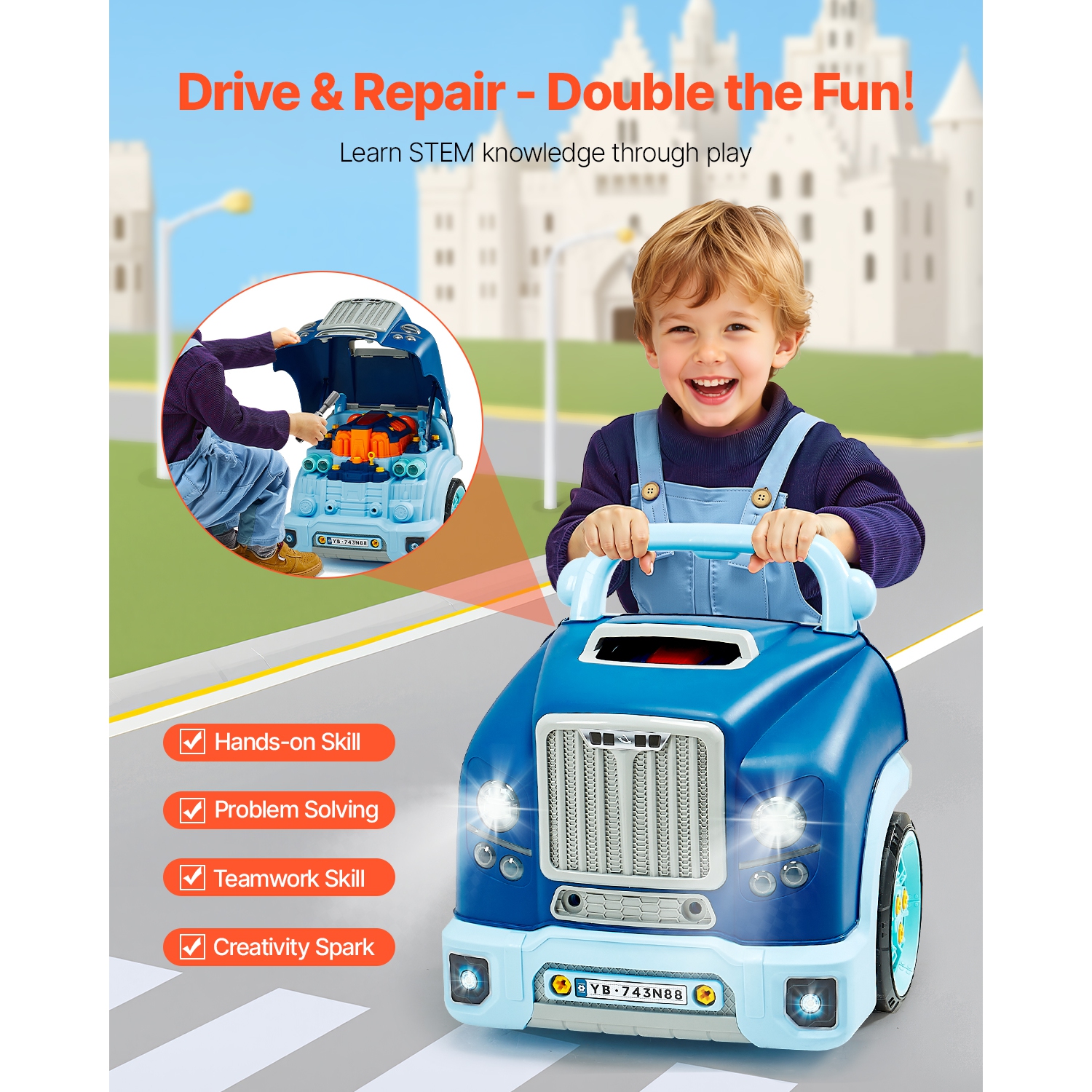 VEVOR 60 Pieces Engine Toy, Kids Mechanic Car Repair Set with Removable Parts, Lights and Sounds, Steering Wheel and Horn, Kids Mechanic Workshop Set