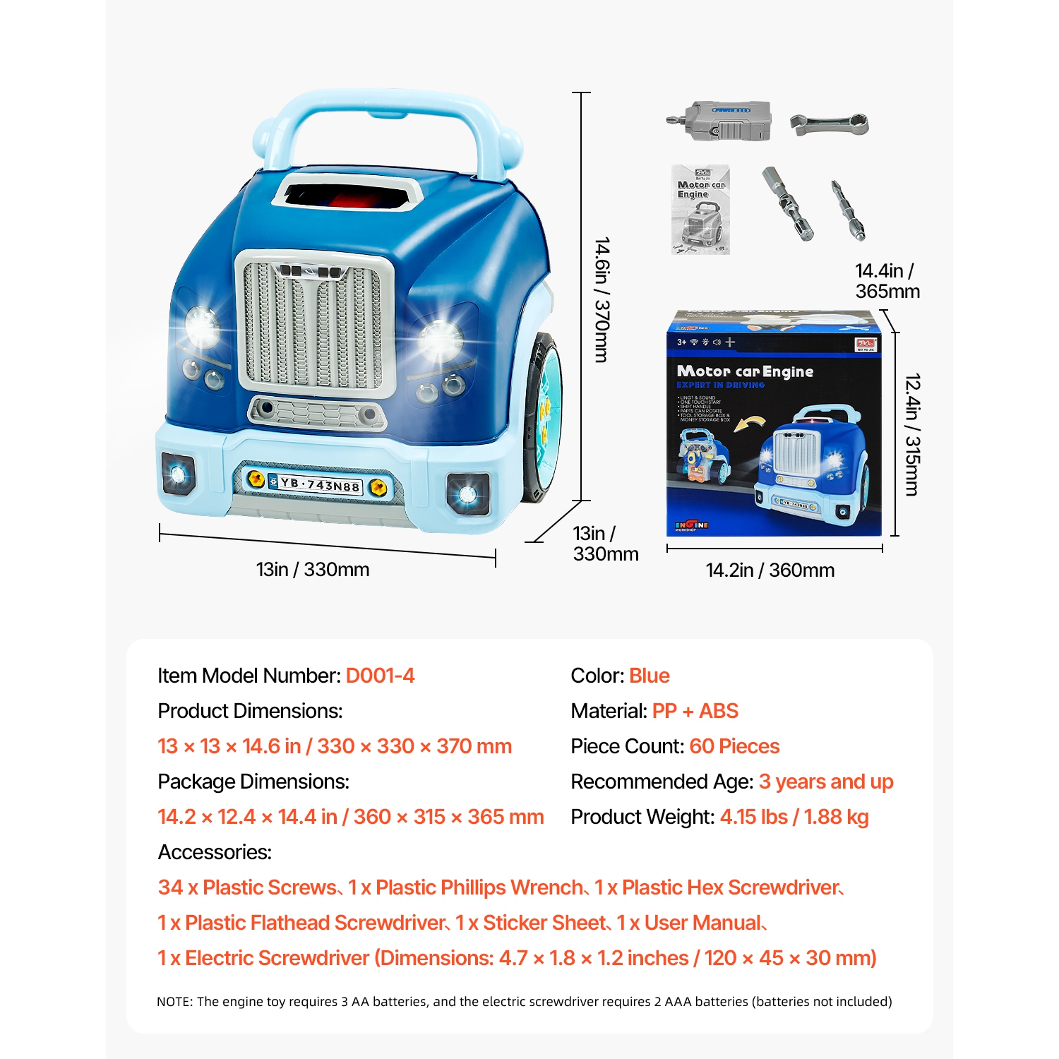 VEVOR 60 Pieces Engine Toy, Kids Mechanic Car Repair Set with Removable Parts, Lights and Sounds, Steering Wheel and Horn, Kids Mechanic Workshop Set