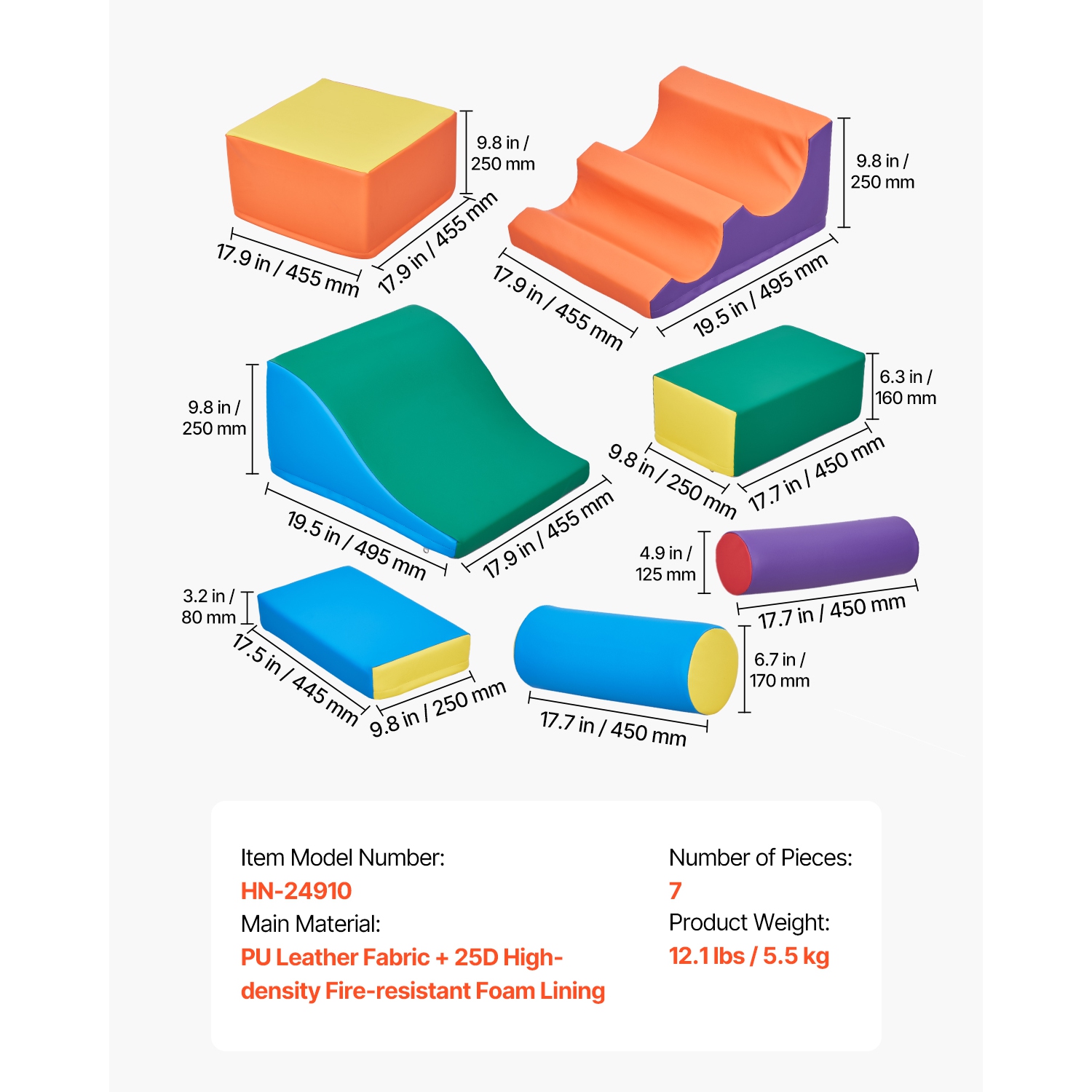 VEVOR 7-Piece Set Climbing Toys, Foam Climbing Toys for Toddlers 6 Months to 3 Years Old, PU Leather Climbing Blocks, Indoor Climb and Crawl Activity