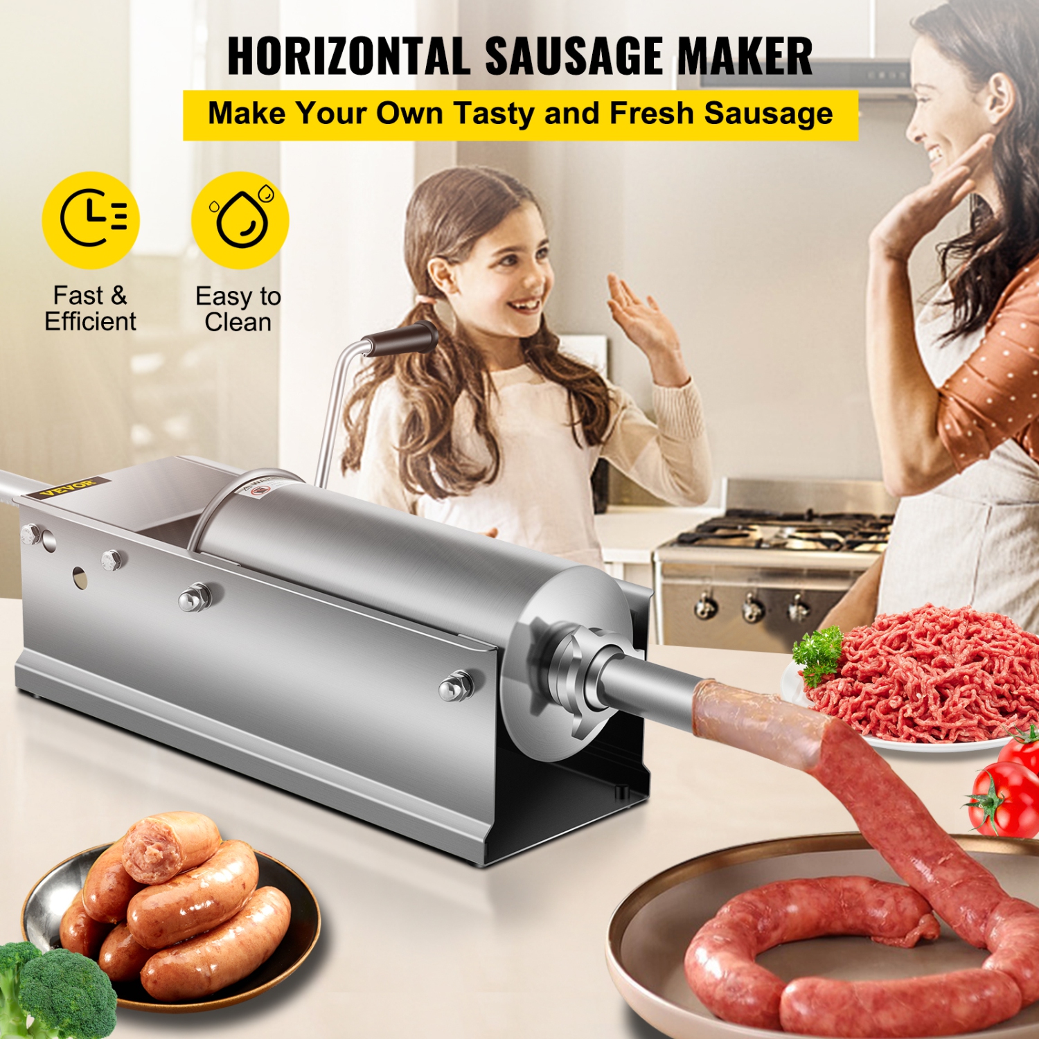 VEVOR 5 L / 11 LBS Manual Sausage Stuffer, Horizontal Sausage Machine, Dual-Speed Meat Stuffer, Made of Food-Grade 304 Stainless Steel, Includes 5
