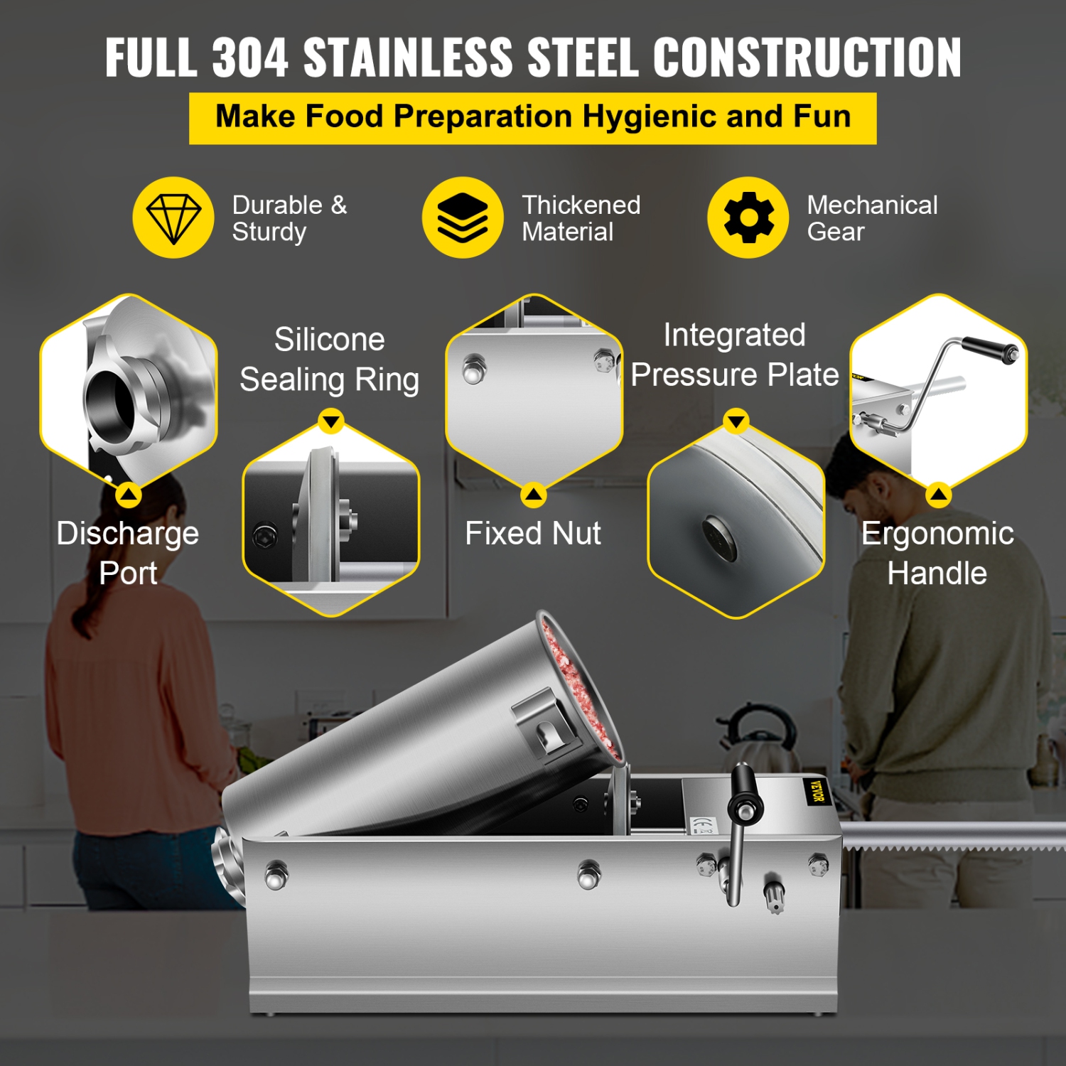 VEVOR 5 L / 11 LBS Manual Sausage Stuffer, Horizontal Sausage Machine, Dual-Speed Meat Stuffer, Made of Food-Grade 304 Stainless Steel, Includes 5