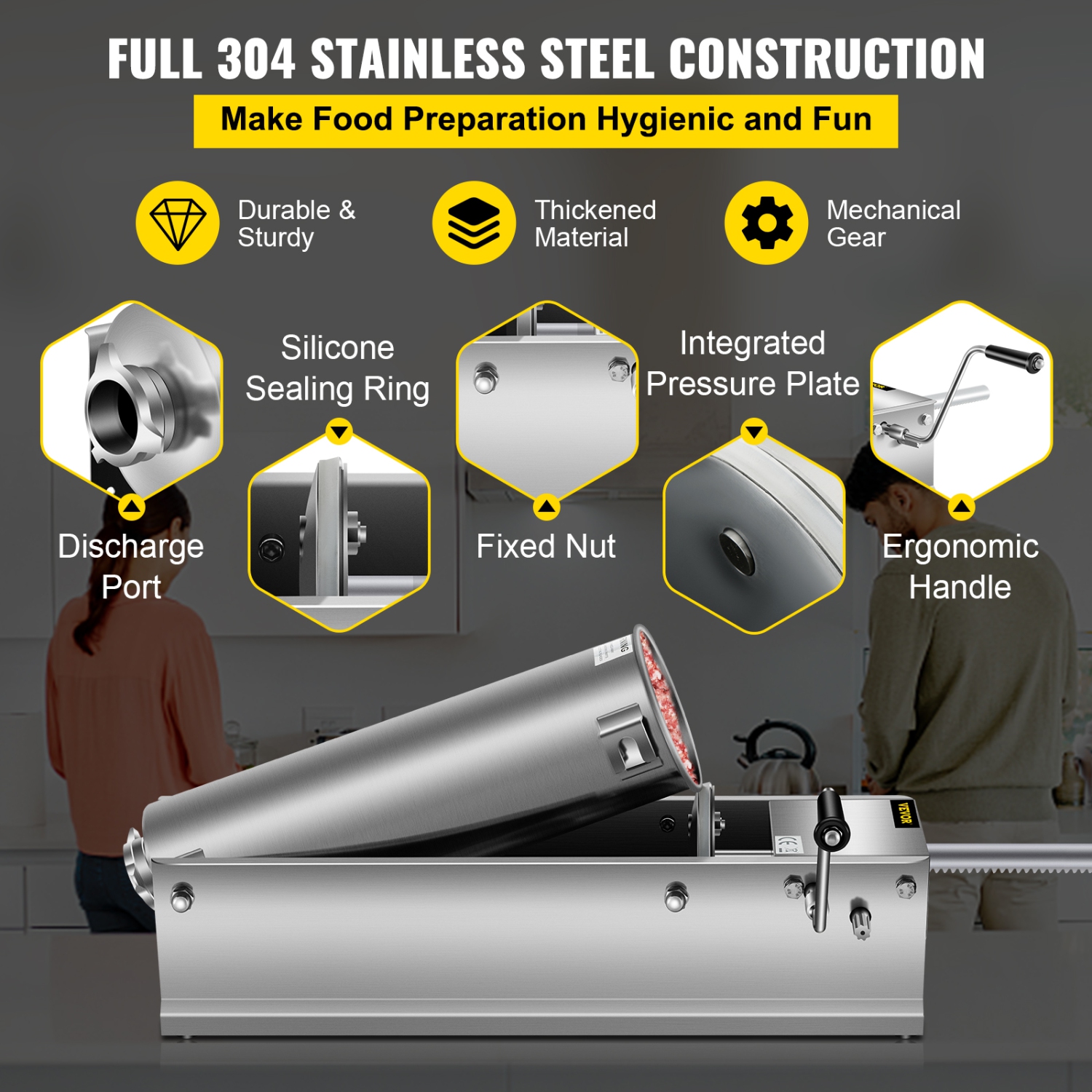 VEVOR 7 L / 15 LBS Manual Sausage Stuffer, Horizontal Sausage Machine, Dual-Speed Meat Stuffer, Made of Food-Grade 304 Stainless Steel, Includes 5