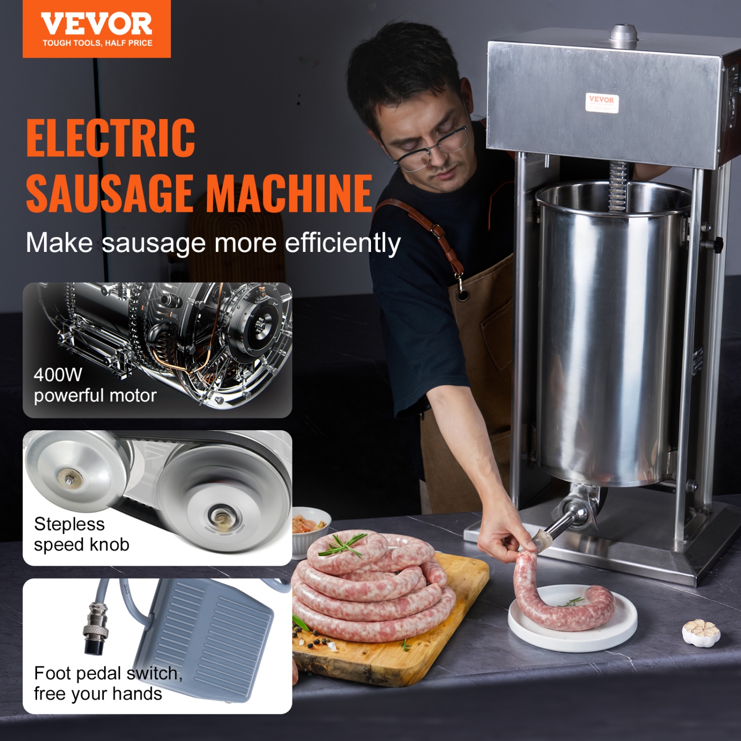 VEVOR 25 L / 55 LBS Electric Sausage Stuffer, Vertical Meat Stuffer, 400W Motor, Stepless Speed Control and Foot Pedal, Made of Food-grade 304