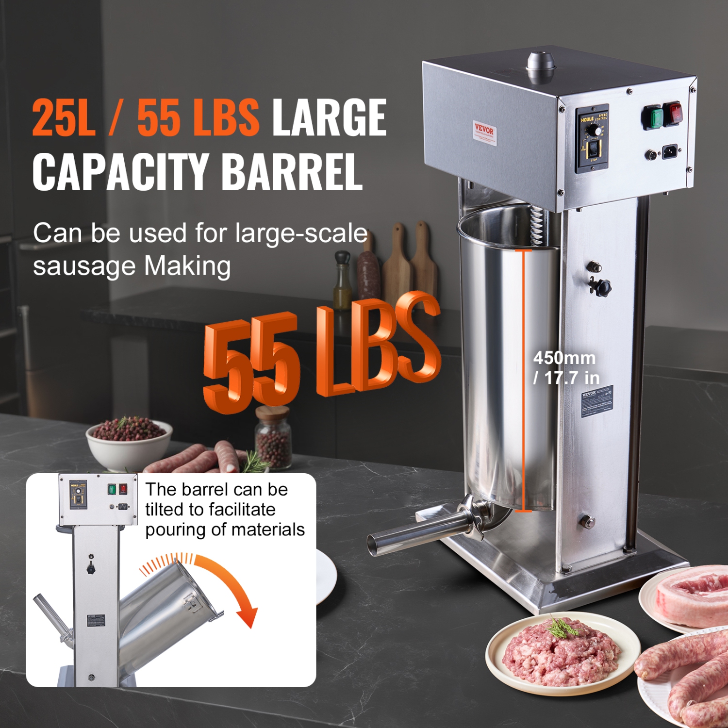 VEVOR 25 L / 55 LBS Electric Sausage Stuffer, Vertical Meat Stuffer, 400W Motor, Stepless Speed Control and Foot Pedal, Made of Food-grade 304